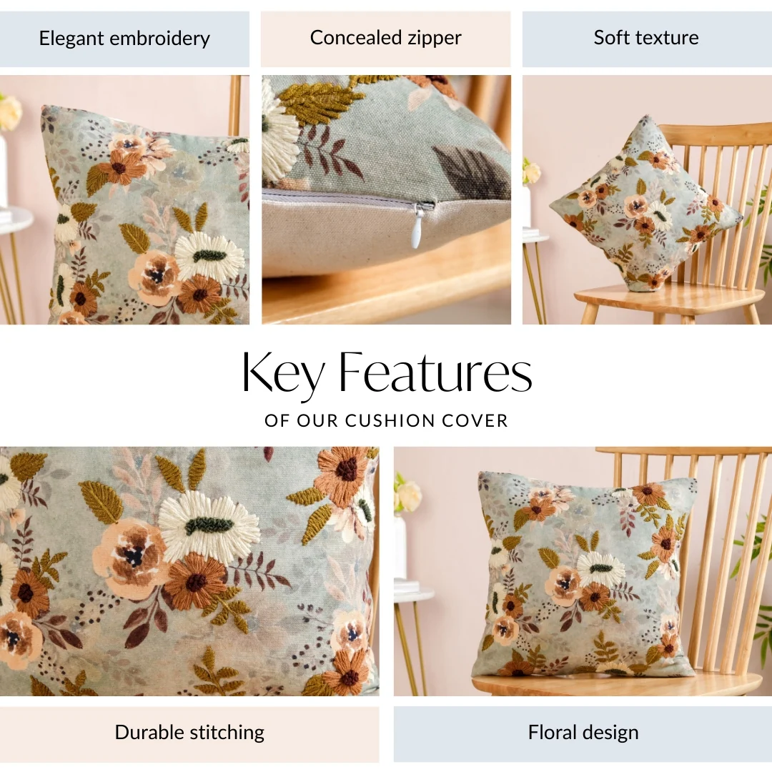 Botanical Breeze Embroidered Cushion Cover 40x40cm - Image 4