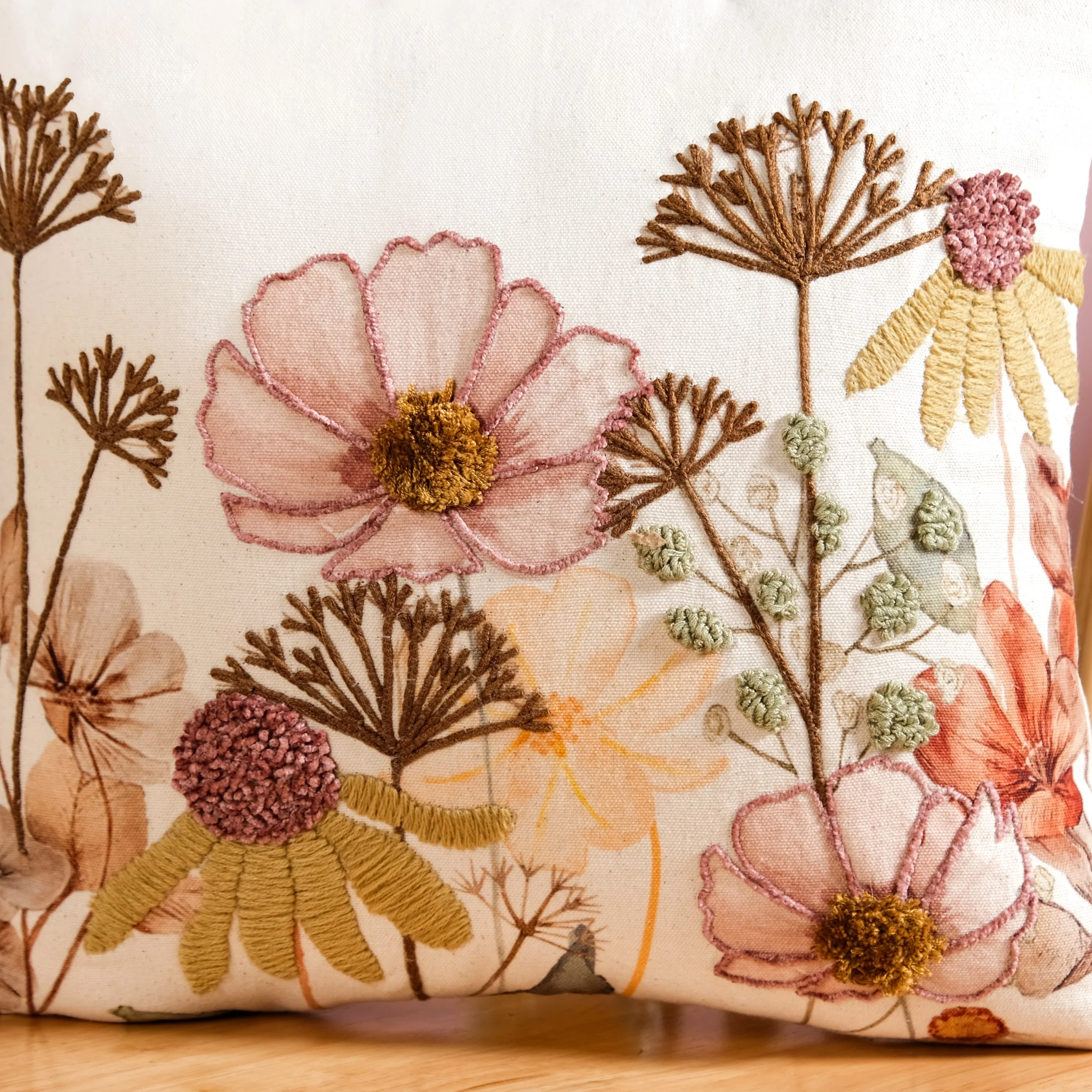 Botanical Embroidered Cotton Slub Cushion Cover 40x40cm - Image 2