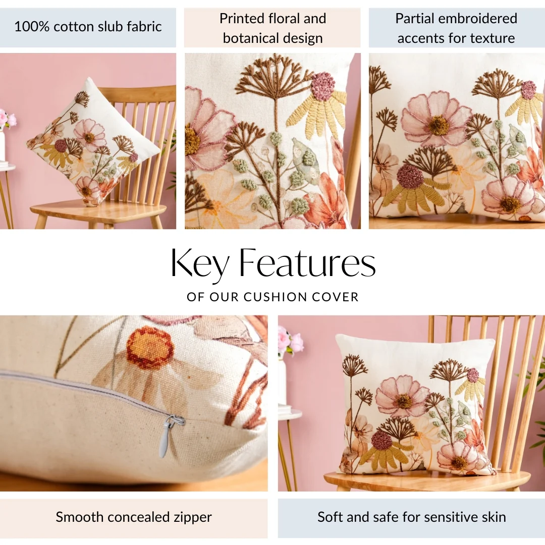 Botanical Embroidered Cotton Slub Cushion Cover 40x40cm - Image 4
