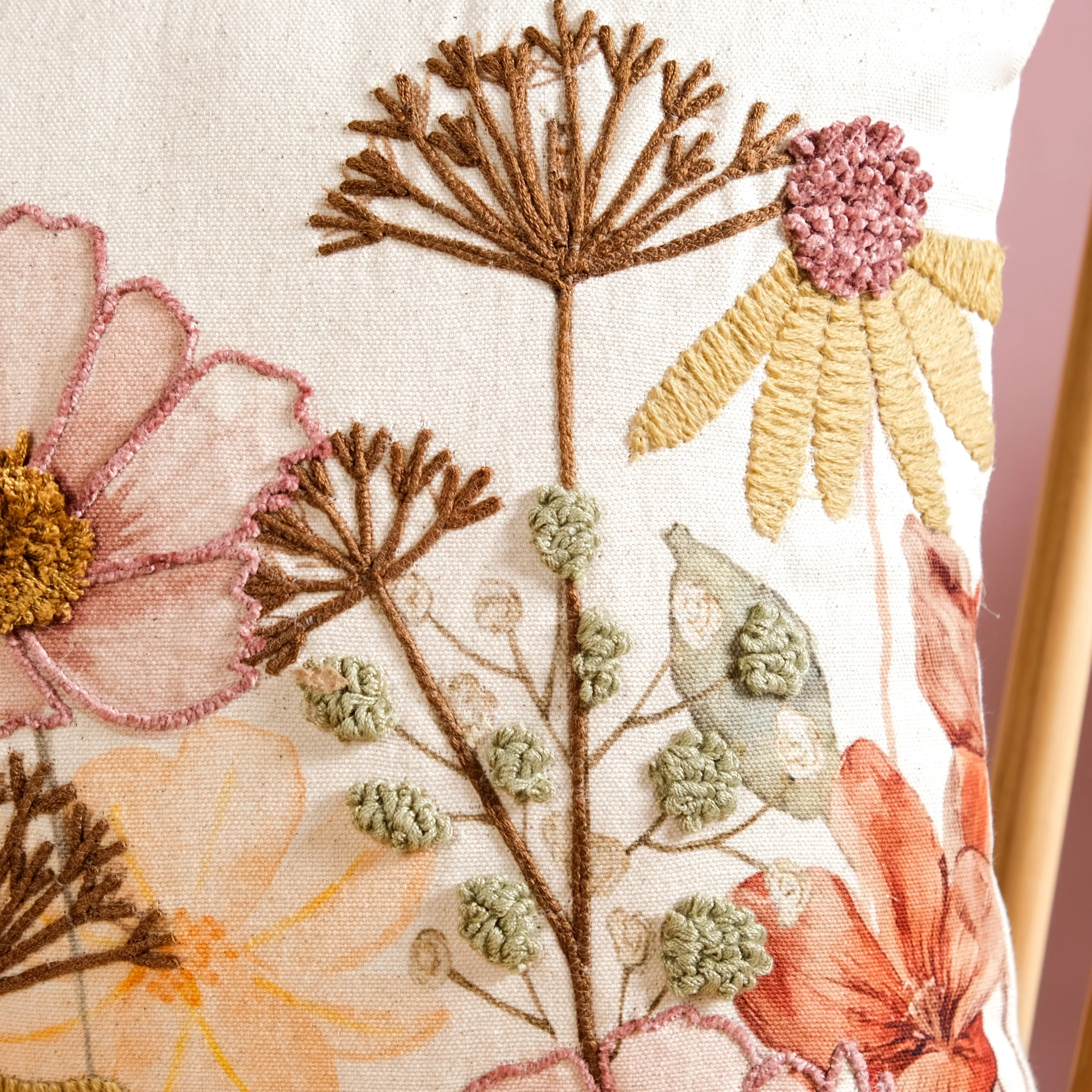 Botanical Embroidered Cotton Slub Cushion Cover 40x40cm - Image 6