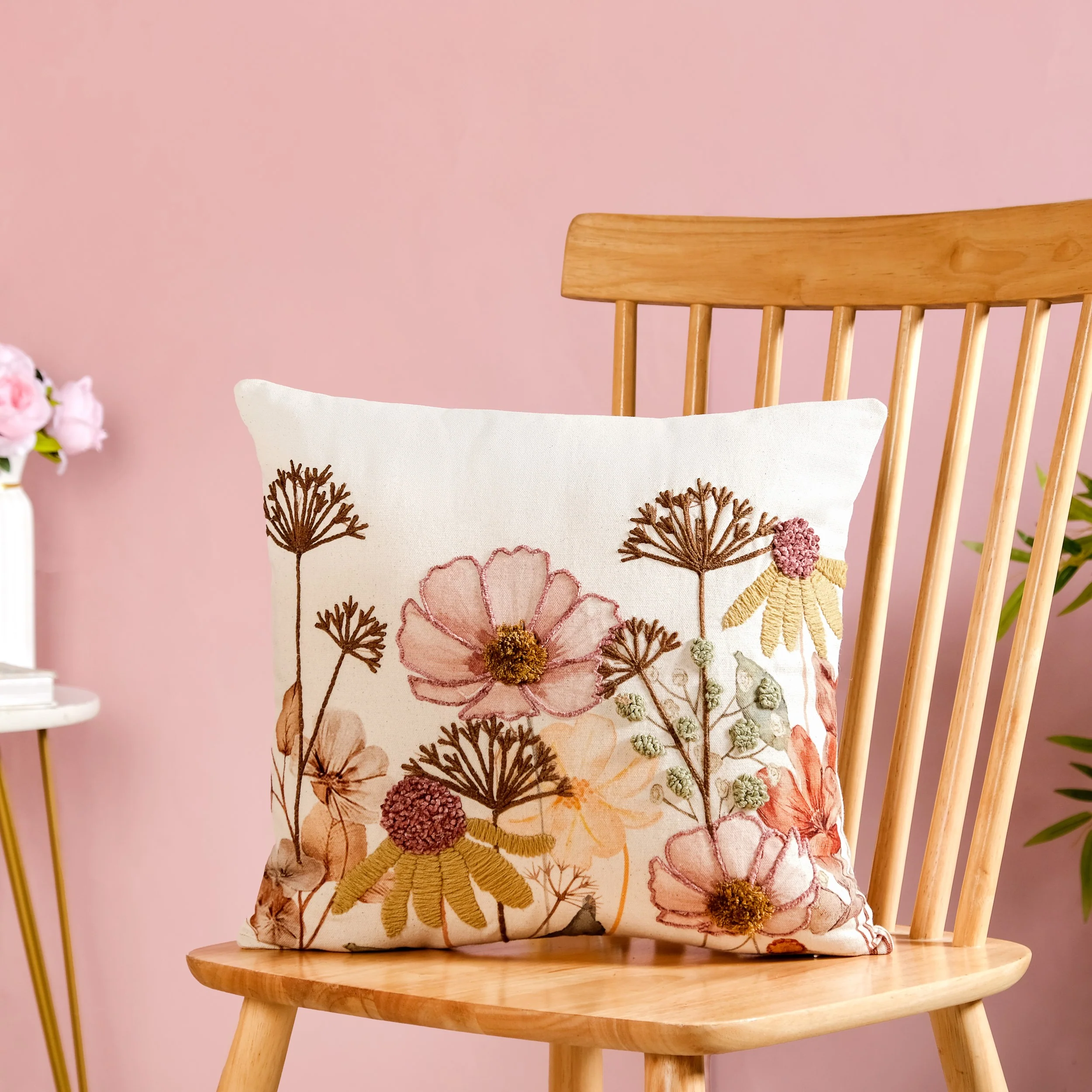 Botanical Embroidered Cotton Slub Cushion Cover 40x40cm - Image 8