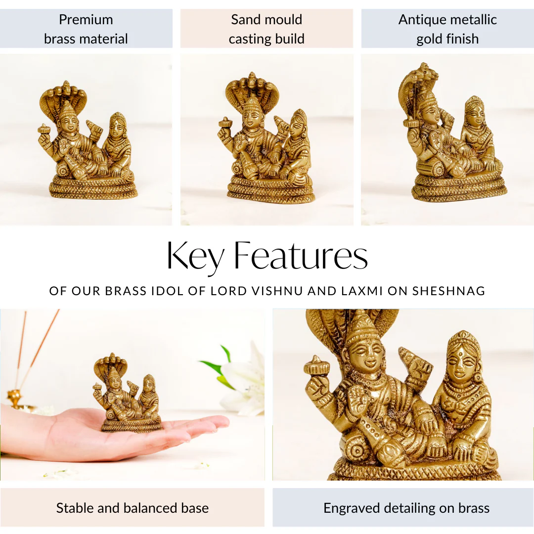 Brass Idol Of Lord Vishnu And Laxmi On Sheshnag 7cm - Image 5