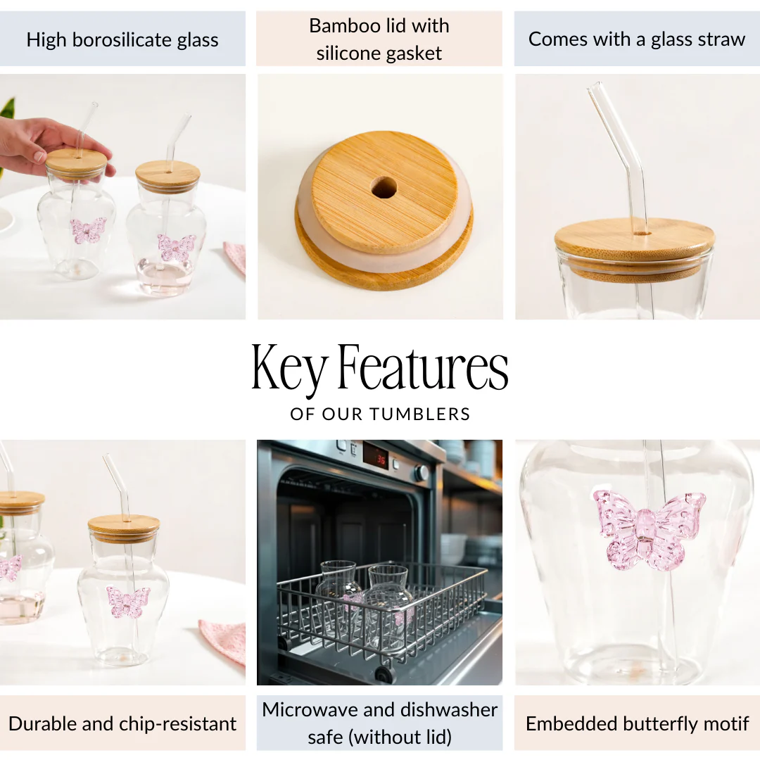 Butterfly Borosilicate Tumbler With Straw Set Of 2 500ml - Image 5