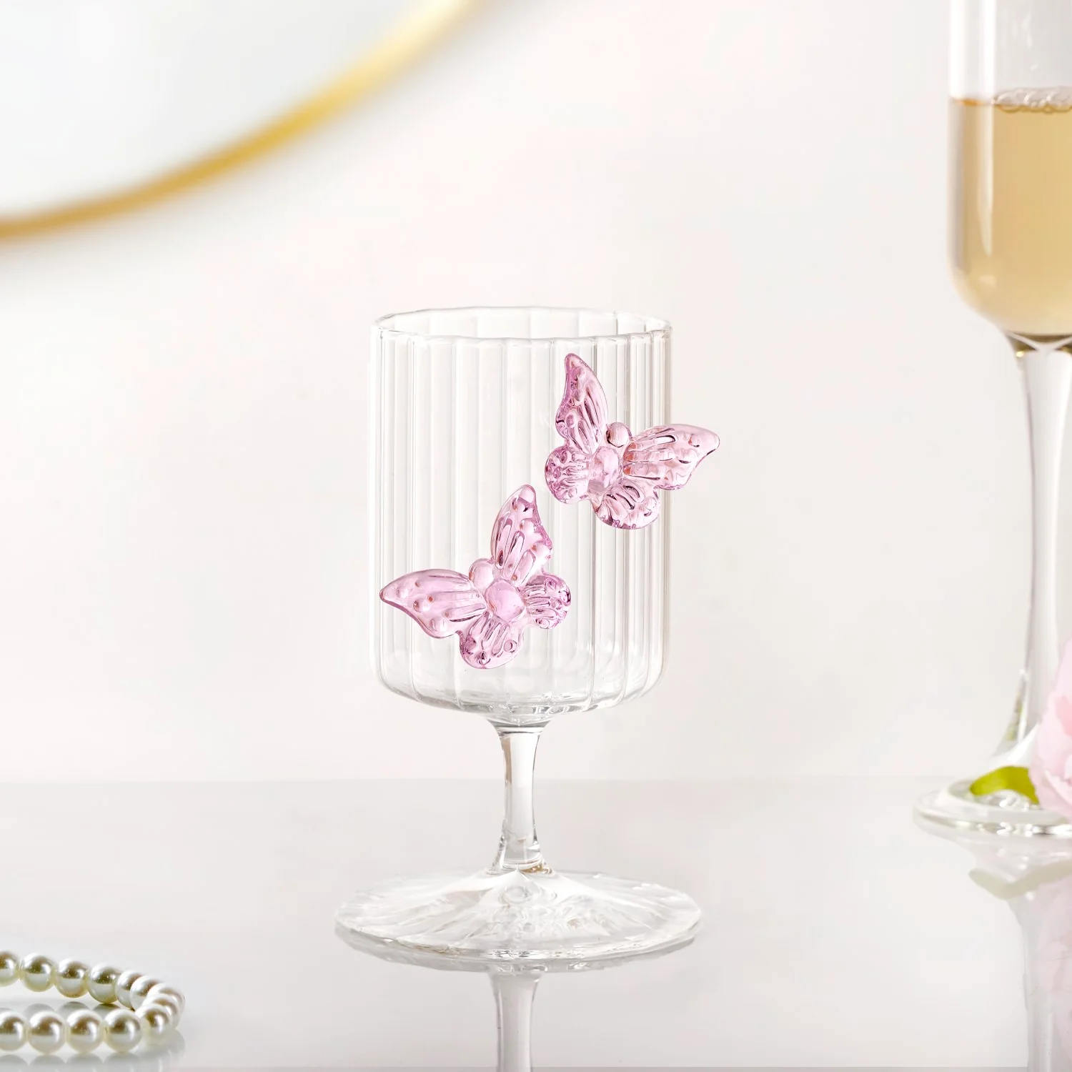 Butterfly Fluted Wine Stem Glass Pink 250ml - Image 2