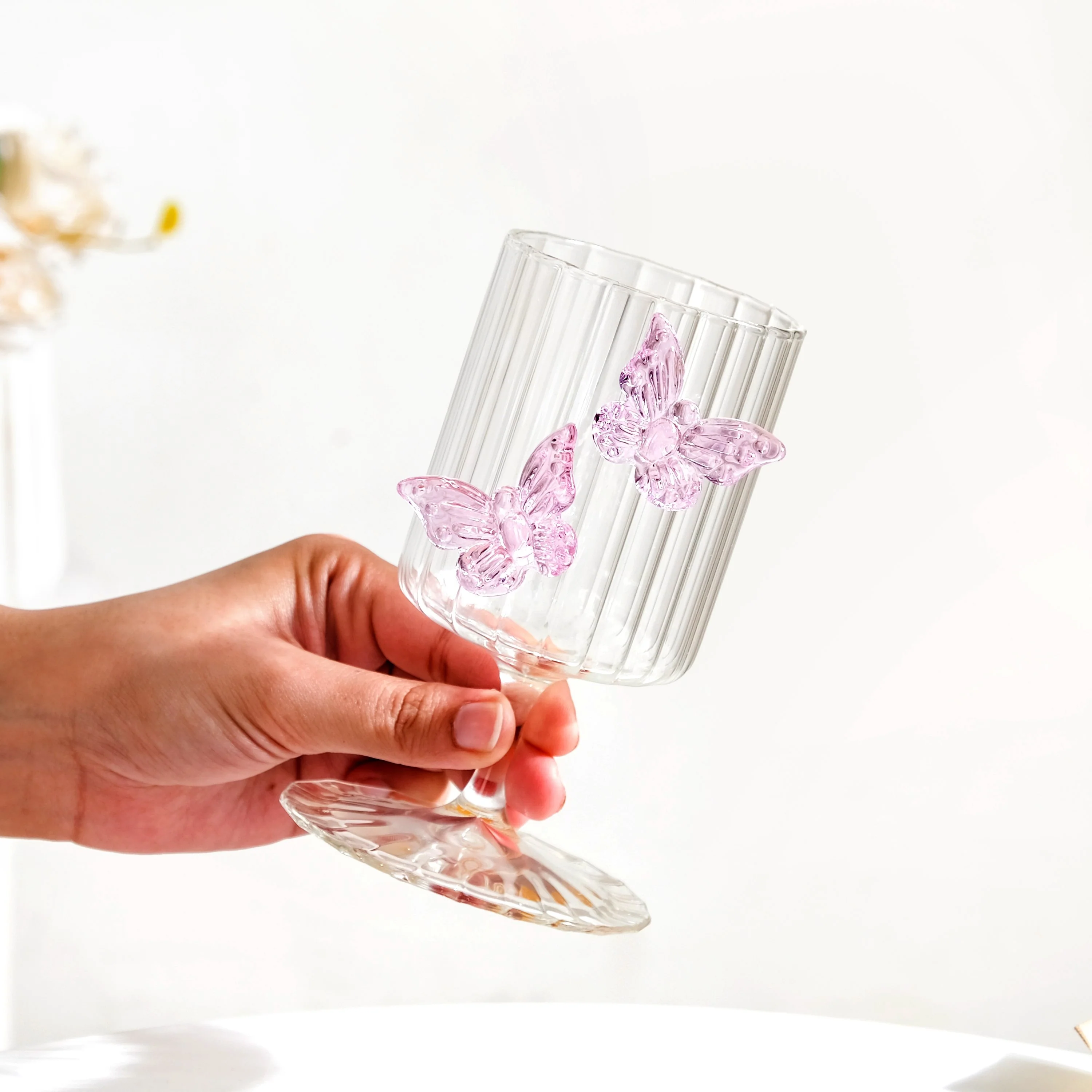 Butterfly Fluted Wine Stem Glass Pink 250ml - Image 3
