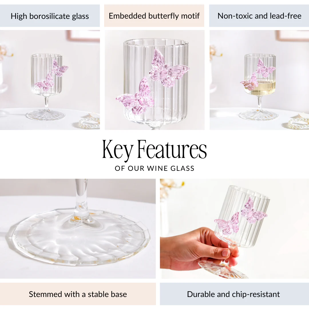 Butterfly Fluted Wine Stem Glass Pink 250ml - Image 6