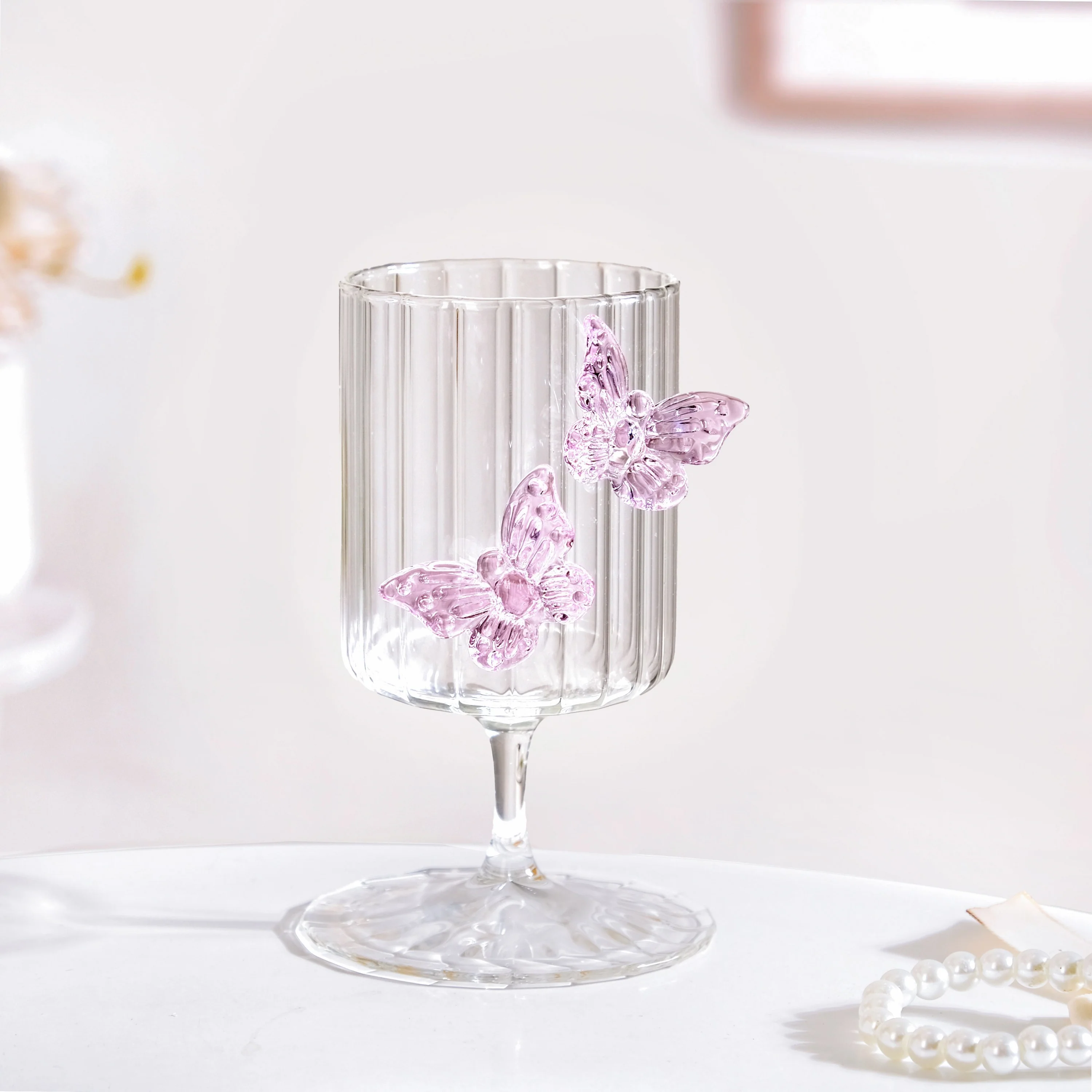 Butterfly Fluted Wine Stem Glass Pink 250ml - Image 8