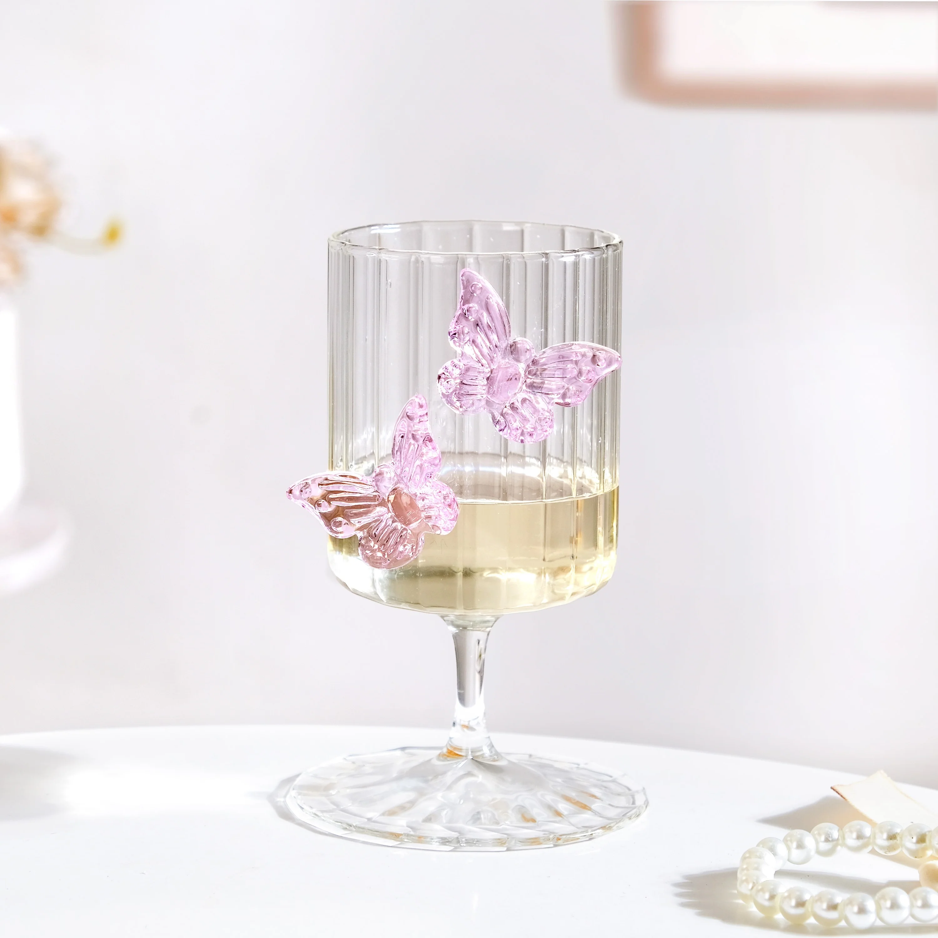 Butterfly Fluted Wine Stem Glass Pink 250ml - Image 9