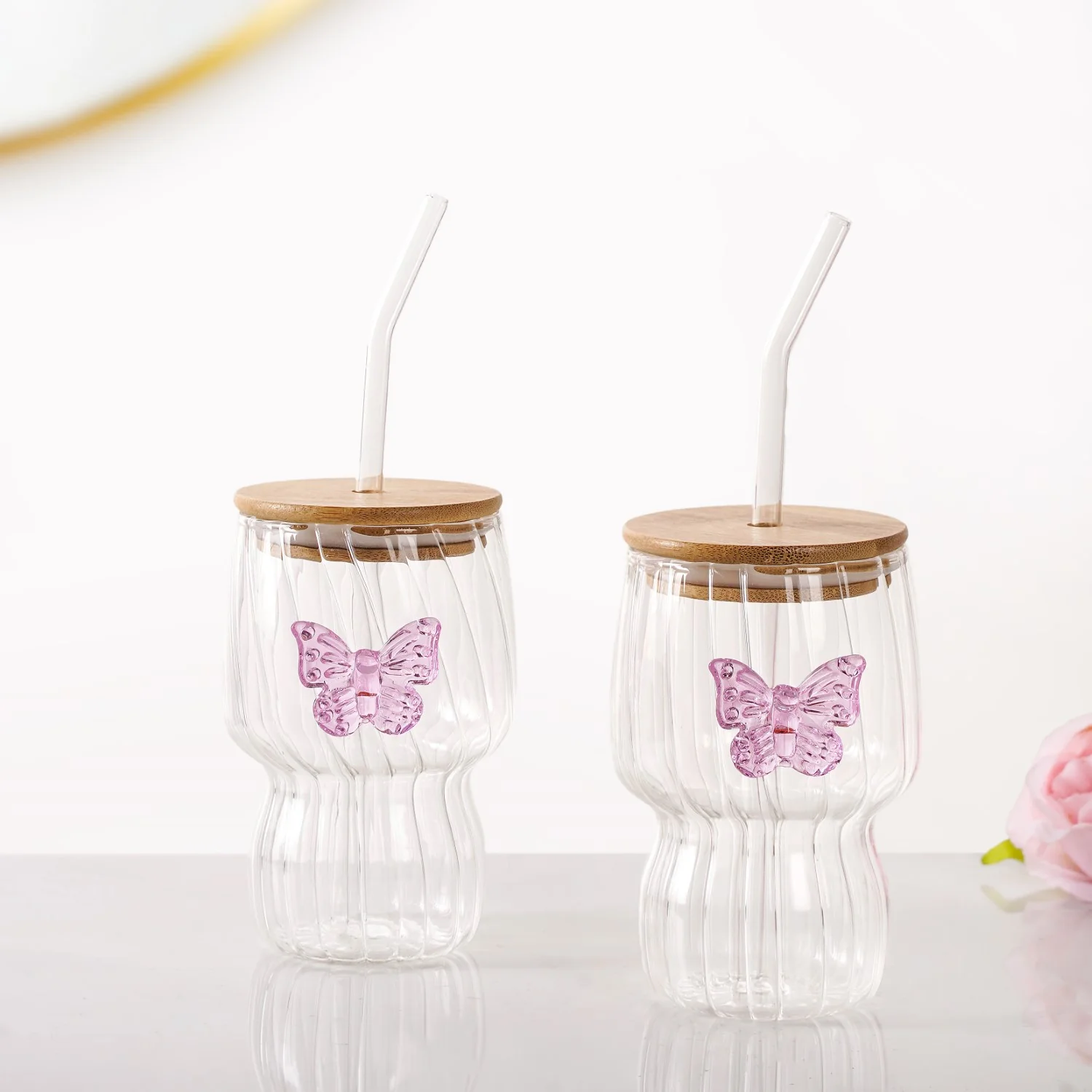 Butterfly Flutter Borosilicate Tumbler With Straw Set Of 2 500ml - Image 2