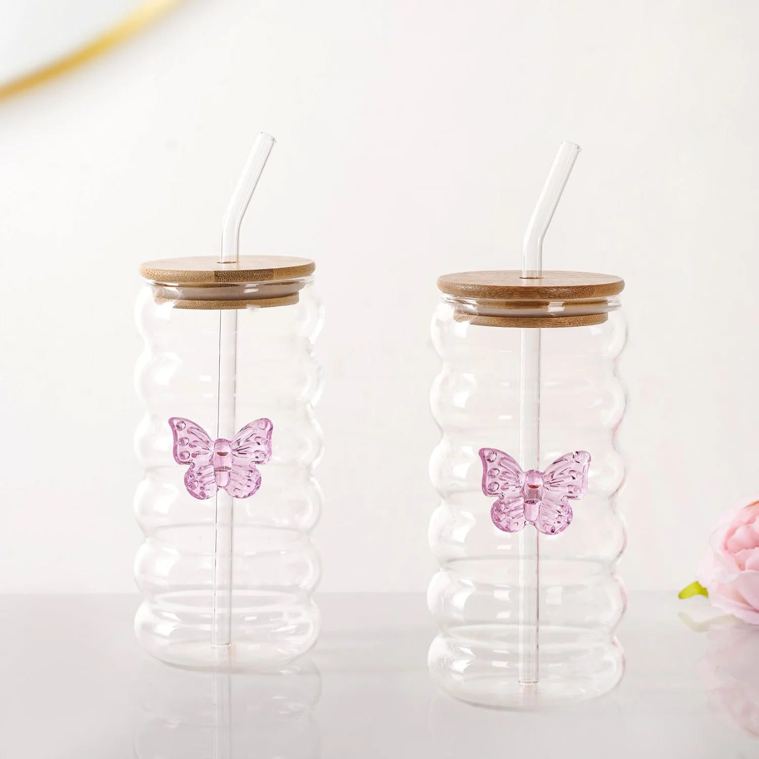 Butterfly Glass Tumbler With Straw Set Of 2 500ml - Image 2