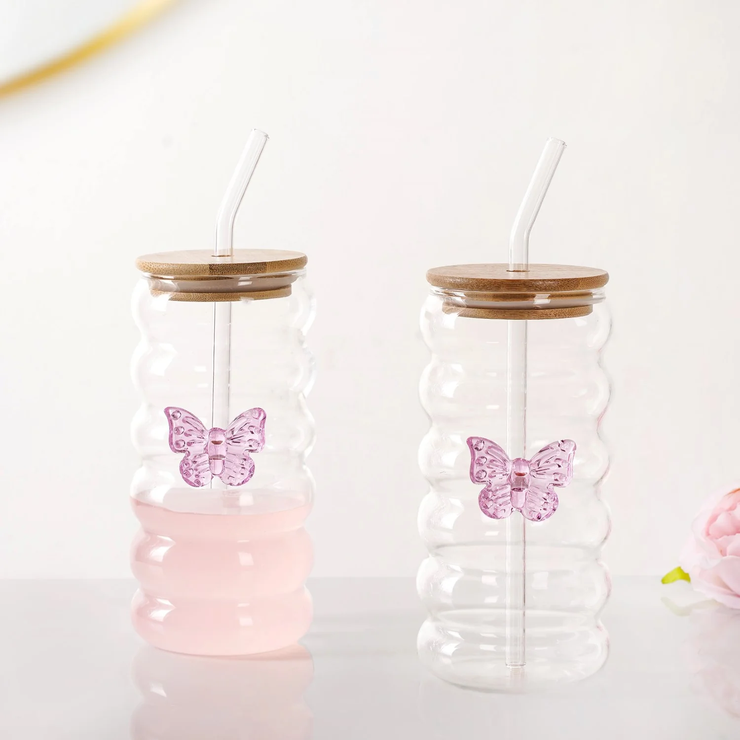Butterfly Glass Tumbler With Straw Set Of 2 500ml - Image 4