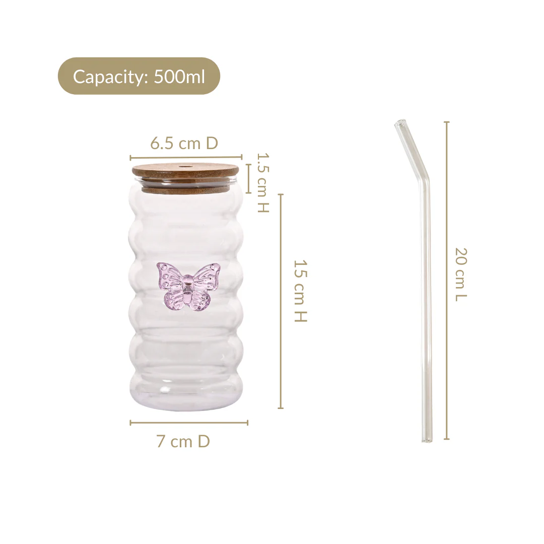 Butterfly Glass Tumbler With Straw Set Of 2 500ml - Image 6