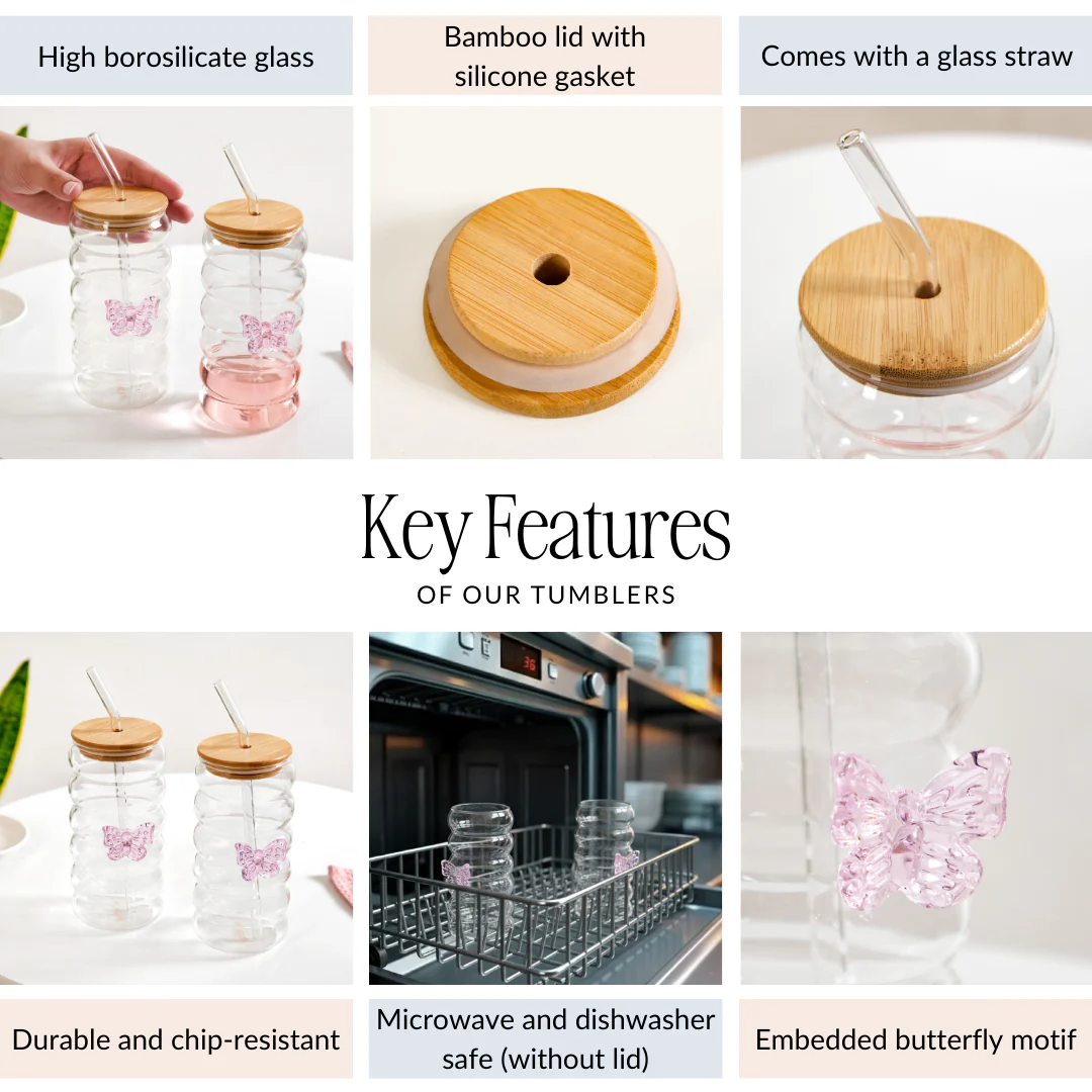 Butterfly Glass Tumbler With Straw Set Of 2 500ml - Image 7