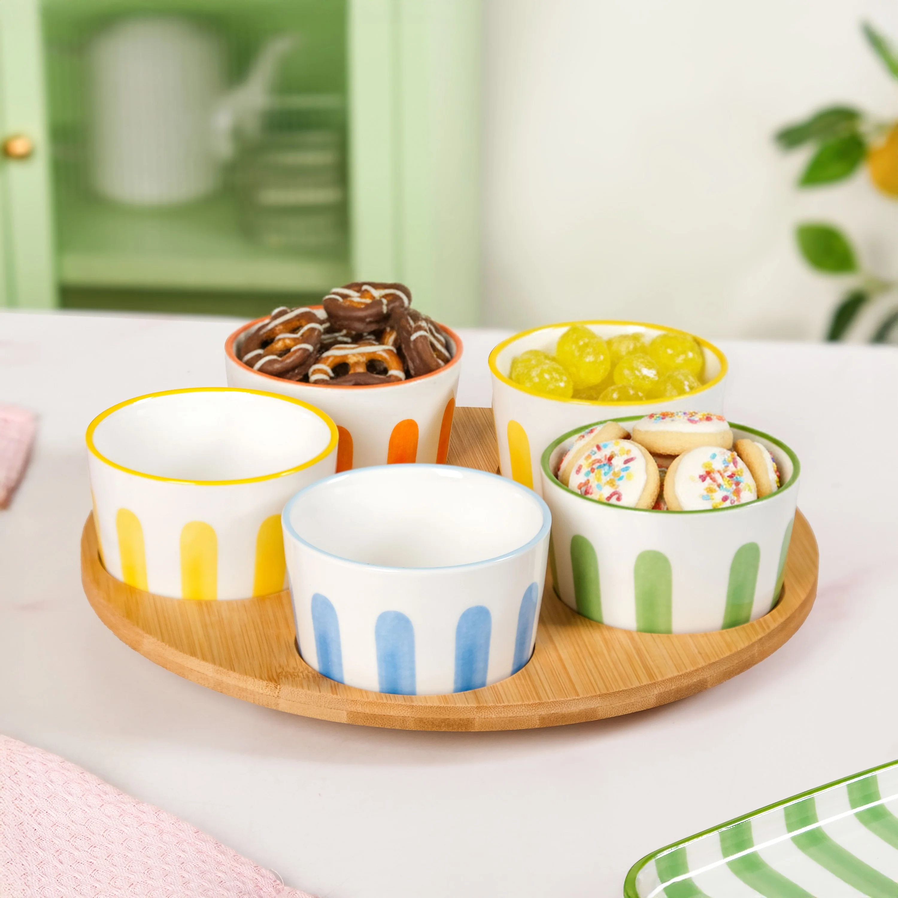 Carnival Stripe Lazy Suzan With Ceramic Bowls Set Of 6 - Image 2