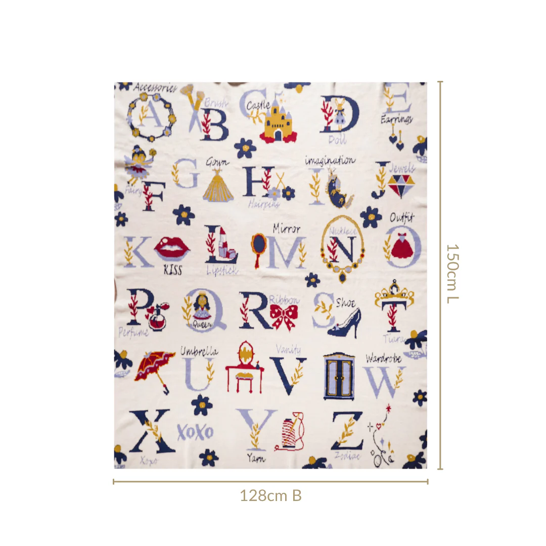 Castle Crown Alphabet Girls Fairytale Knitted Cotton Throw 150x128cm - Image 3