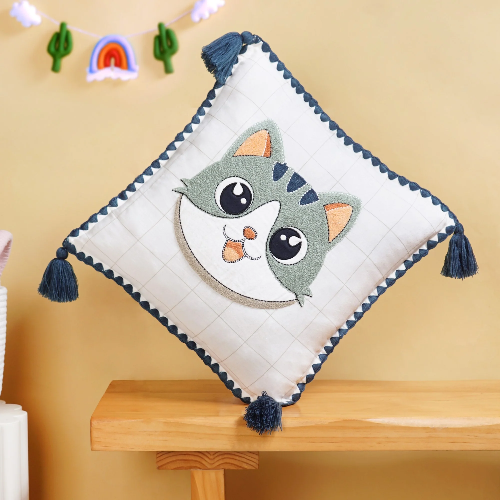 Cat Embroidered Kids Cushion Cover 42x42cm - Image 2