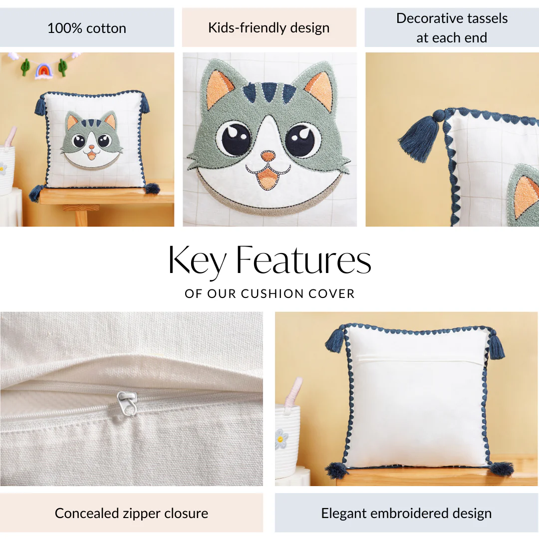 Cat Embroidered Kids Cushion Cover 42x42cm - Image 4
