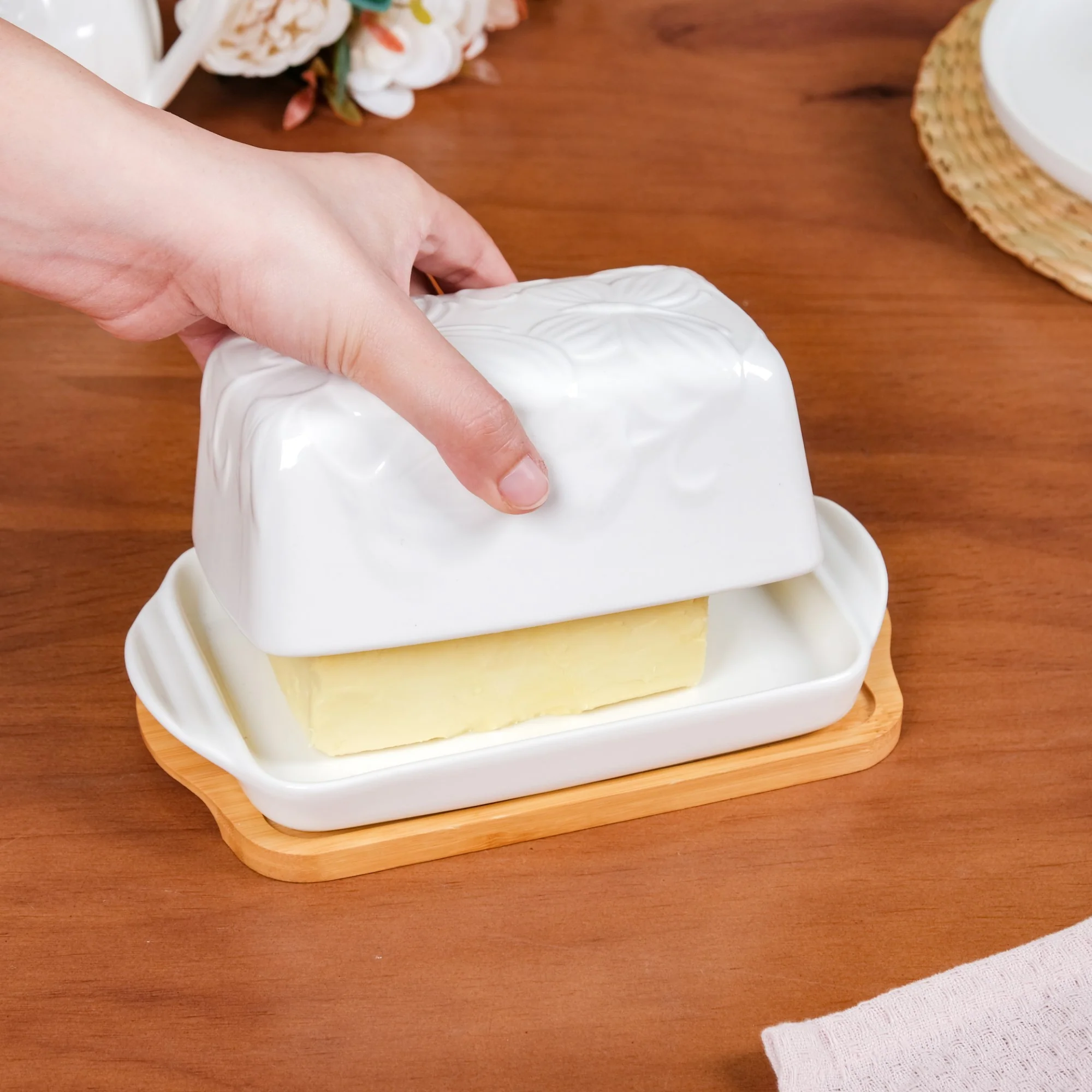 Ceramic Butter Dish With Lid And Wooden Tray - Image 3