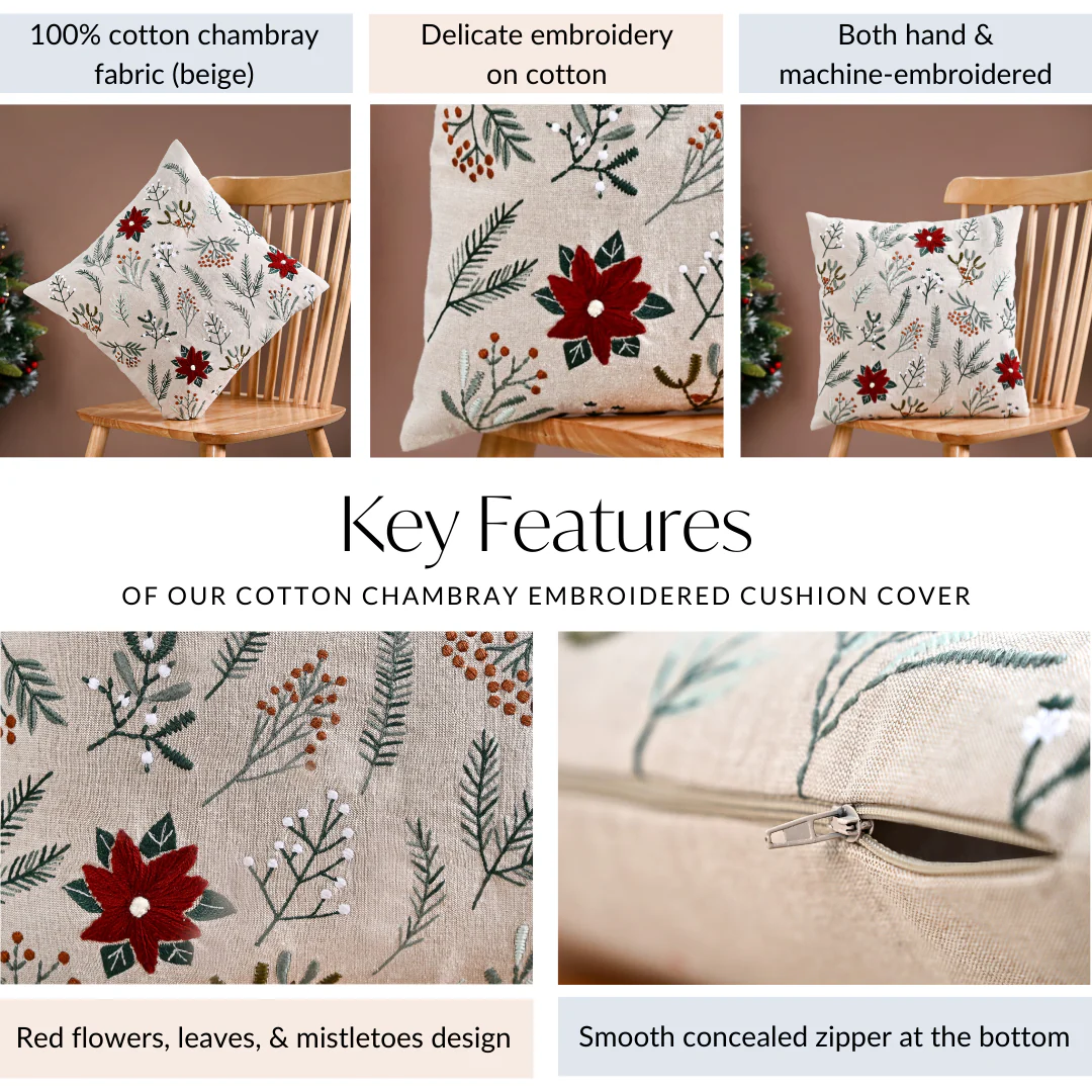 Chambray Cotton Cushion Cover With Floral Embroidery 40x40cm - Image 5