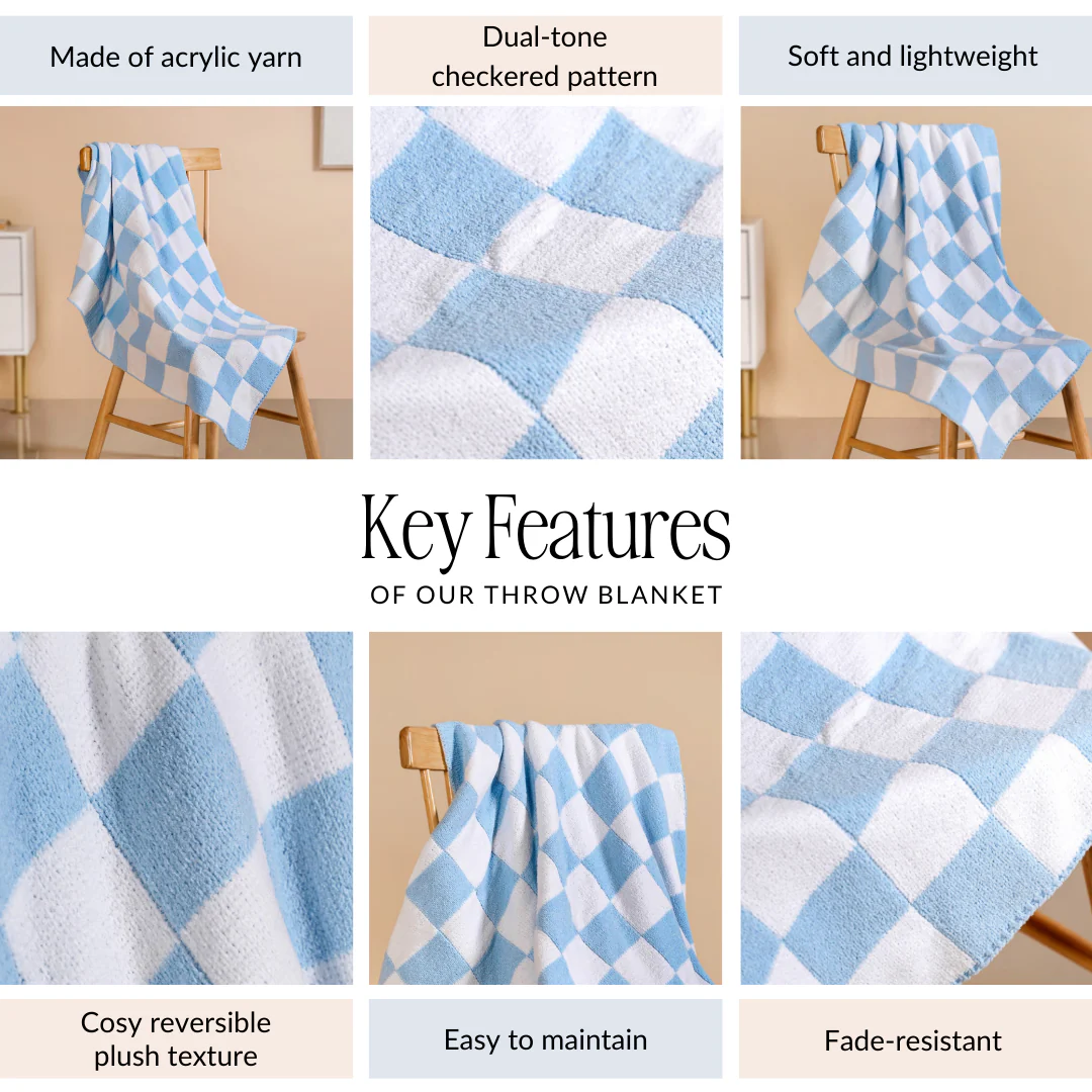Checkered Blue White Reversible Small Throw 100x75cm - Image 4
