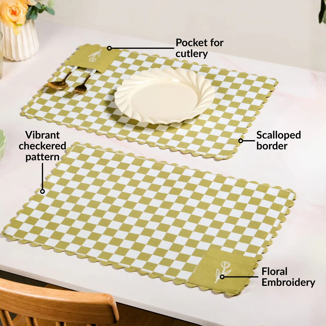 Checkered Embroidered Cotton Table Mat Green Set Of 6 - Image 2