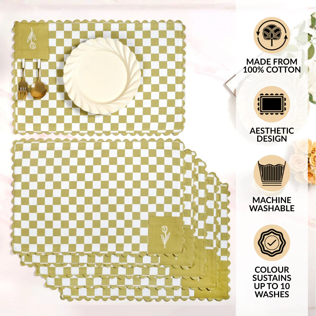 Checkered Embroidered Cotton Table Mat Green Set Of 6 - Image 3