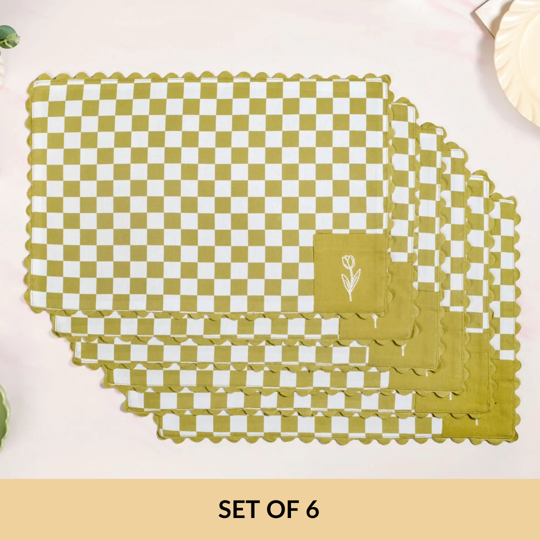 Checkered Embroidered Cotton Table Mat Green Set Of 6 - Image 5