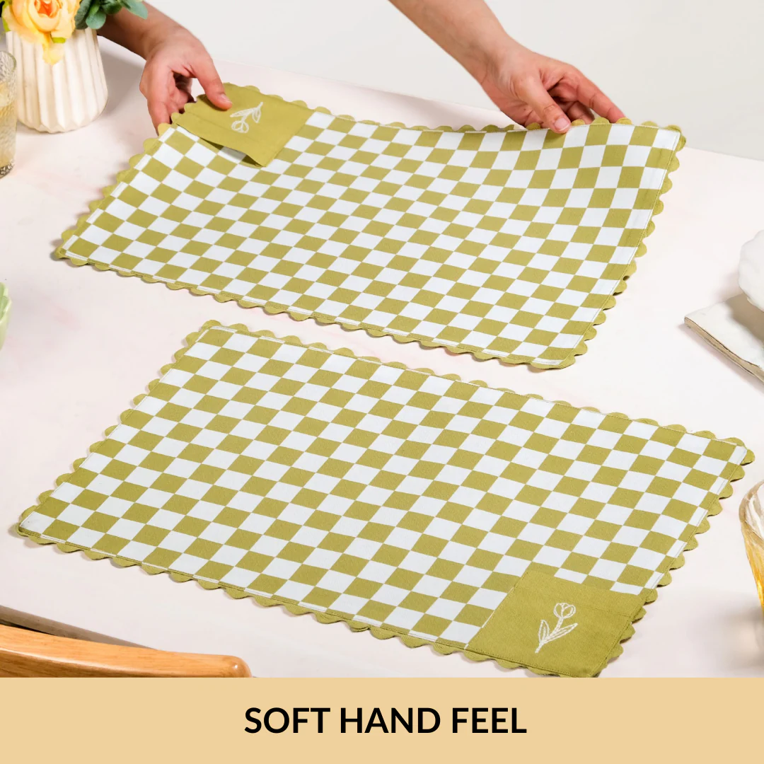 Checkered Embroidered Cotton Table Mat Green Set Of 6 - Image 6