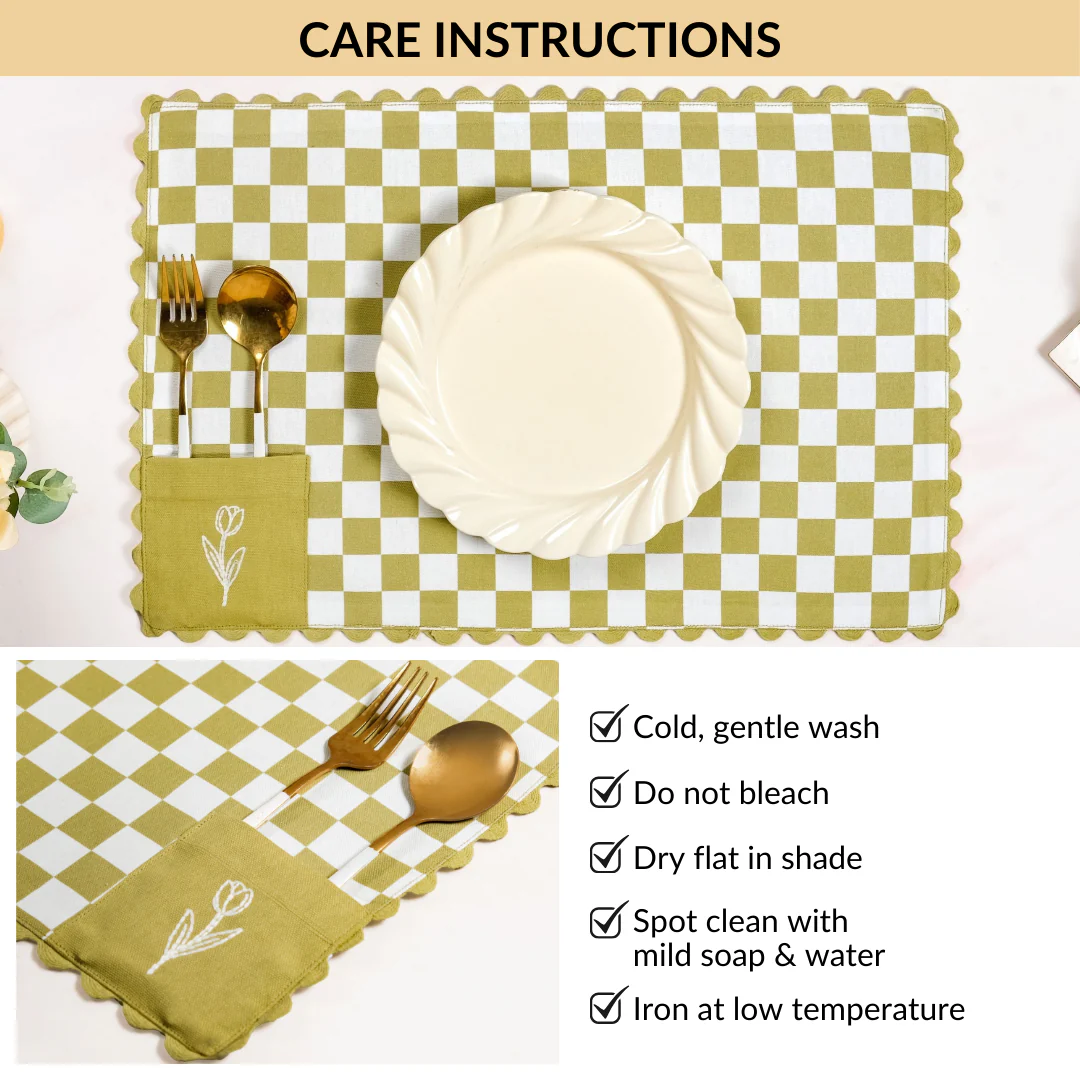 Checkered Embroidered Cotton Table Mat Green Set Of 6 - Image 7