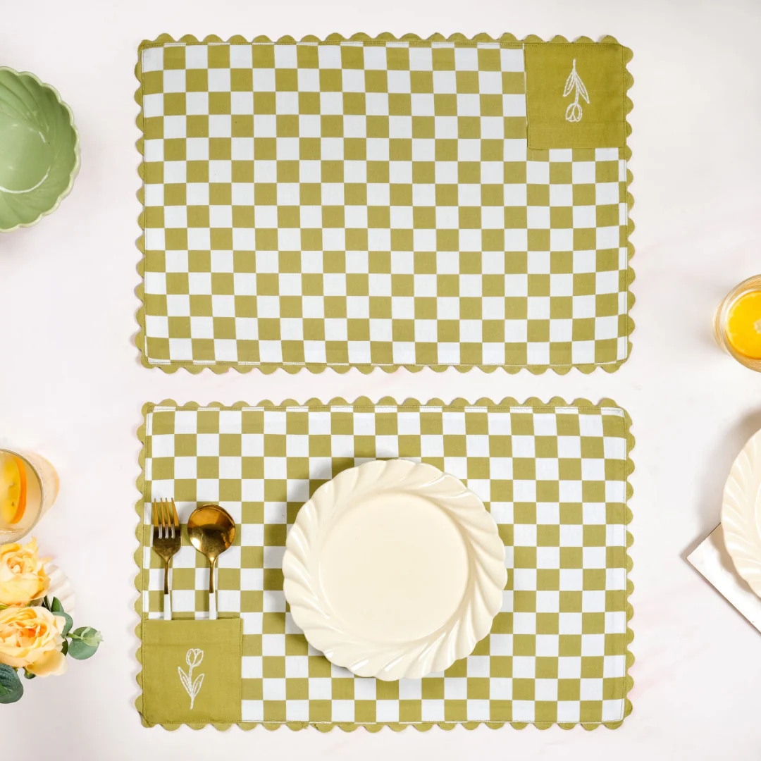 Checkered Embroidered Cotton Table Mat Green Set Of 6 - Image 8