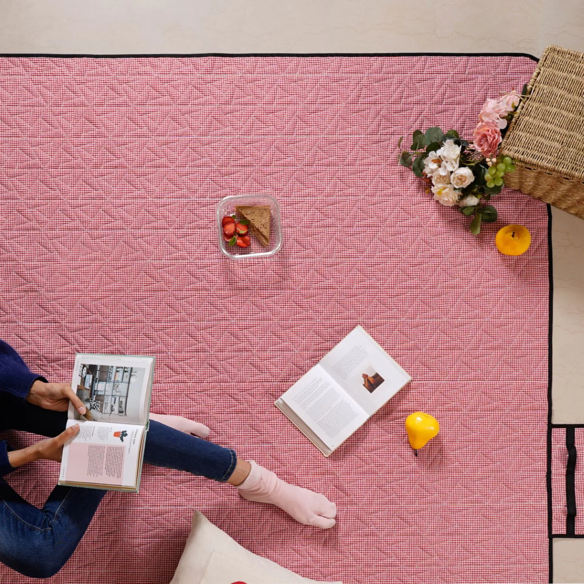 Checkered Red and White Foldable Picnic Mat 84x60 Inch - Image 12