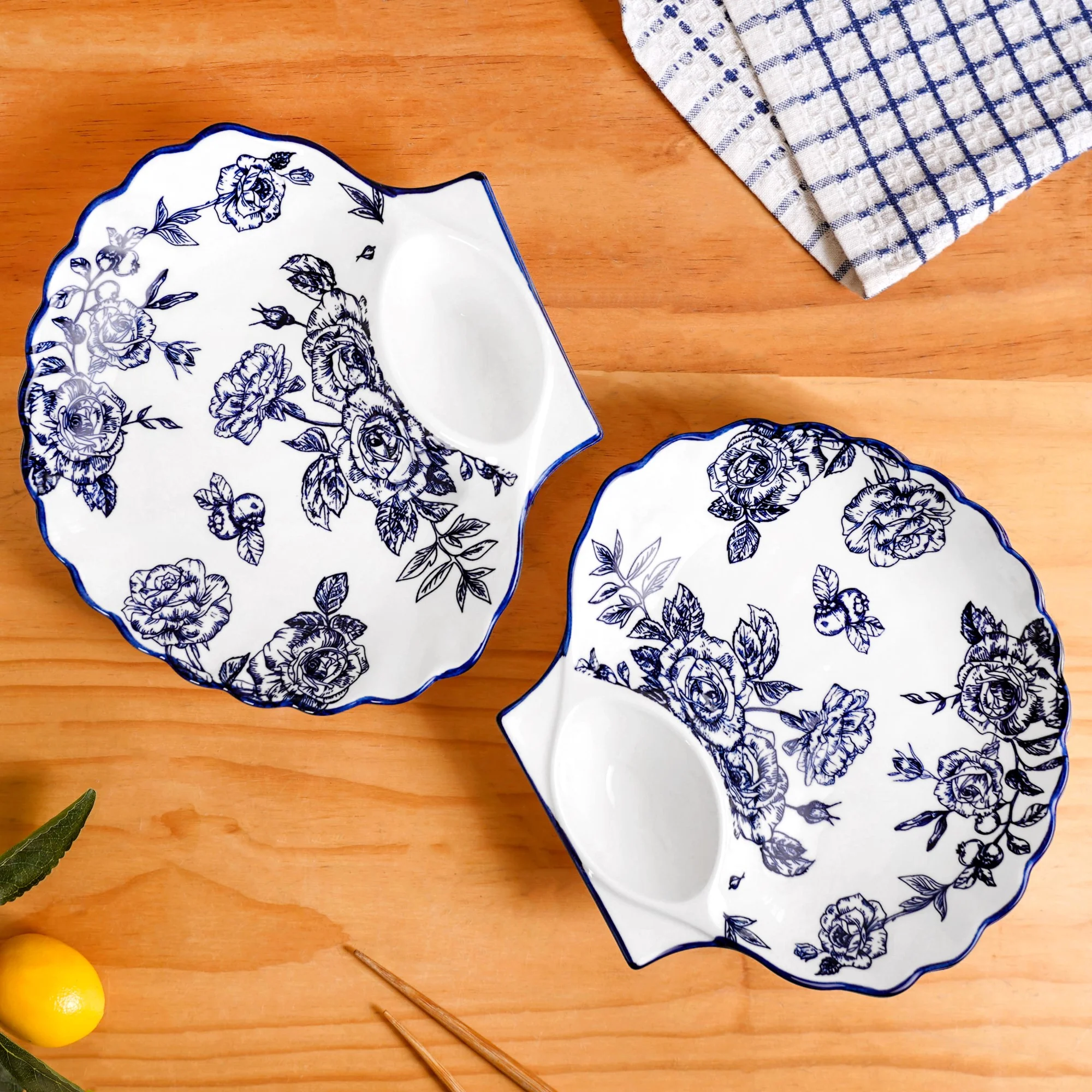Chinoiserie Blue Ceramic Section Plates Set Of 2 - Image 9