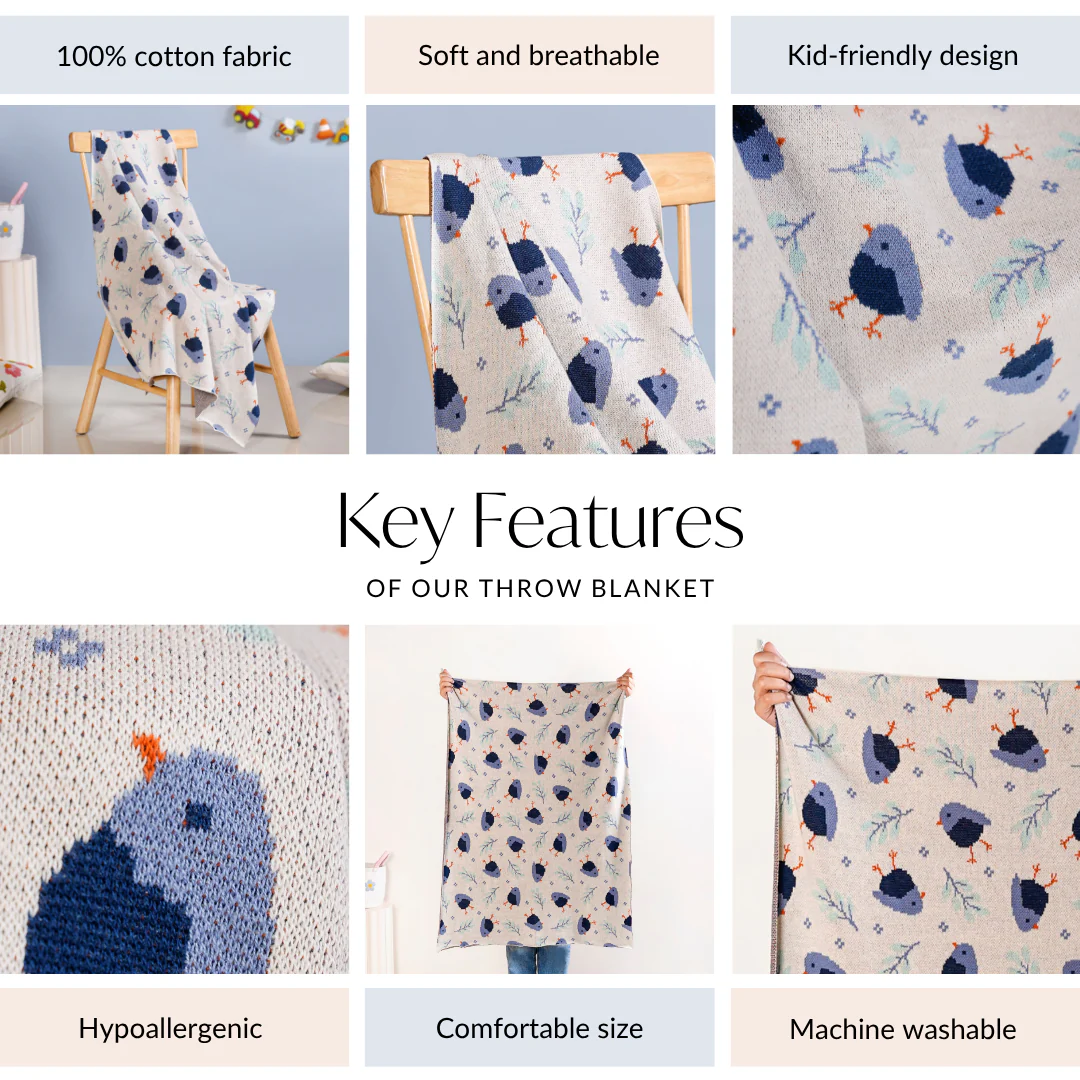 Chirpy Bluebird Knitted Cotton Throw For Toddlers 102x76cm - Image 5