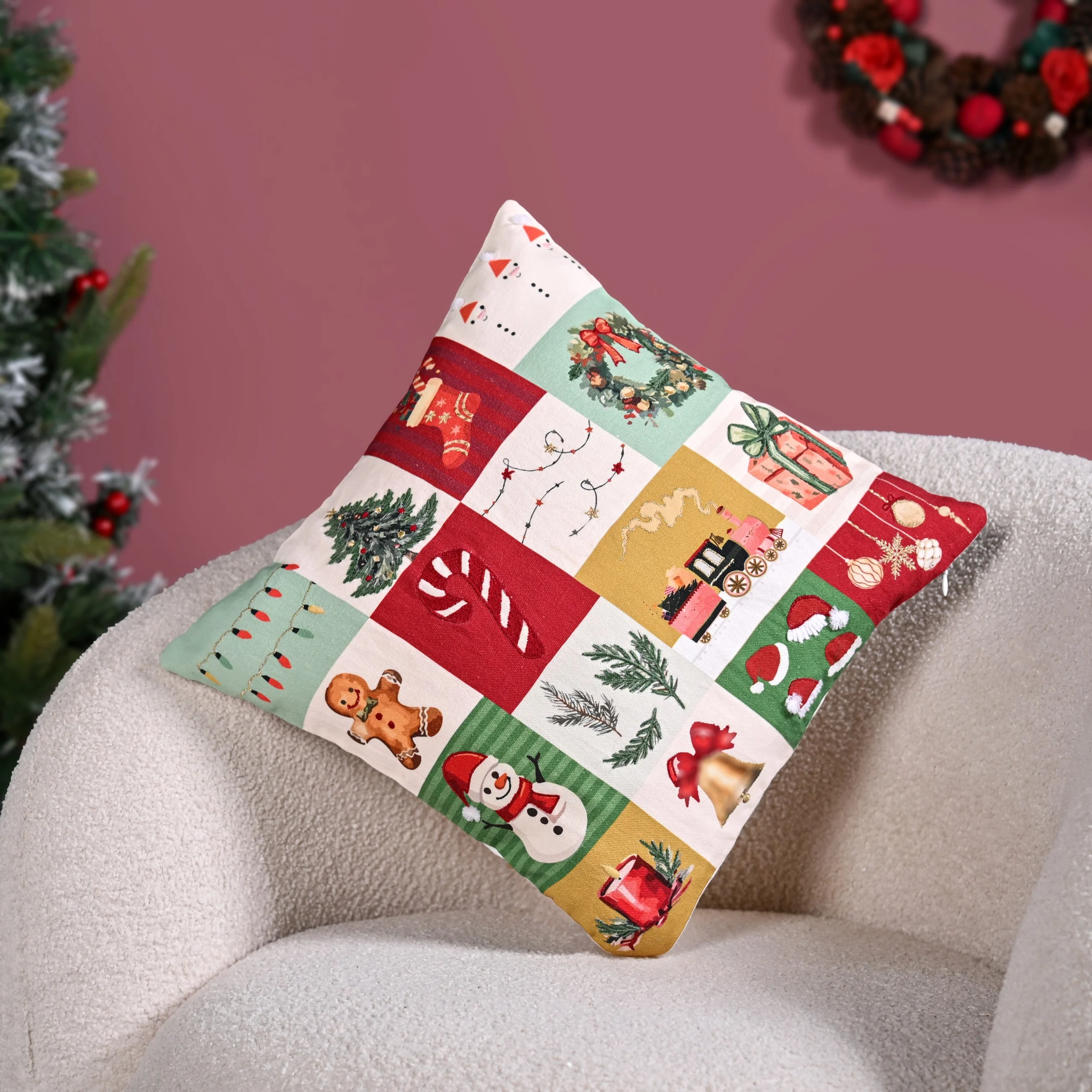Christmas Chronicles Embroidered Cotton Cushion Cover 40x40cm - Image 2