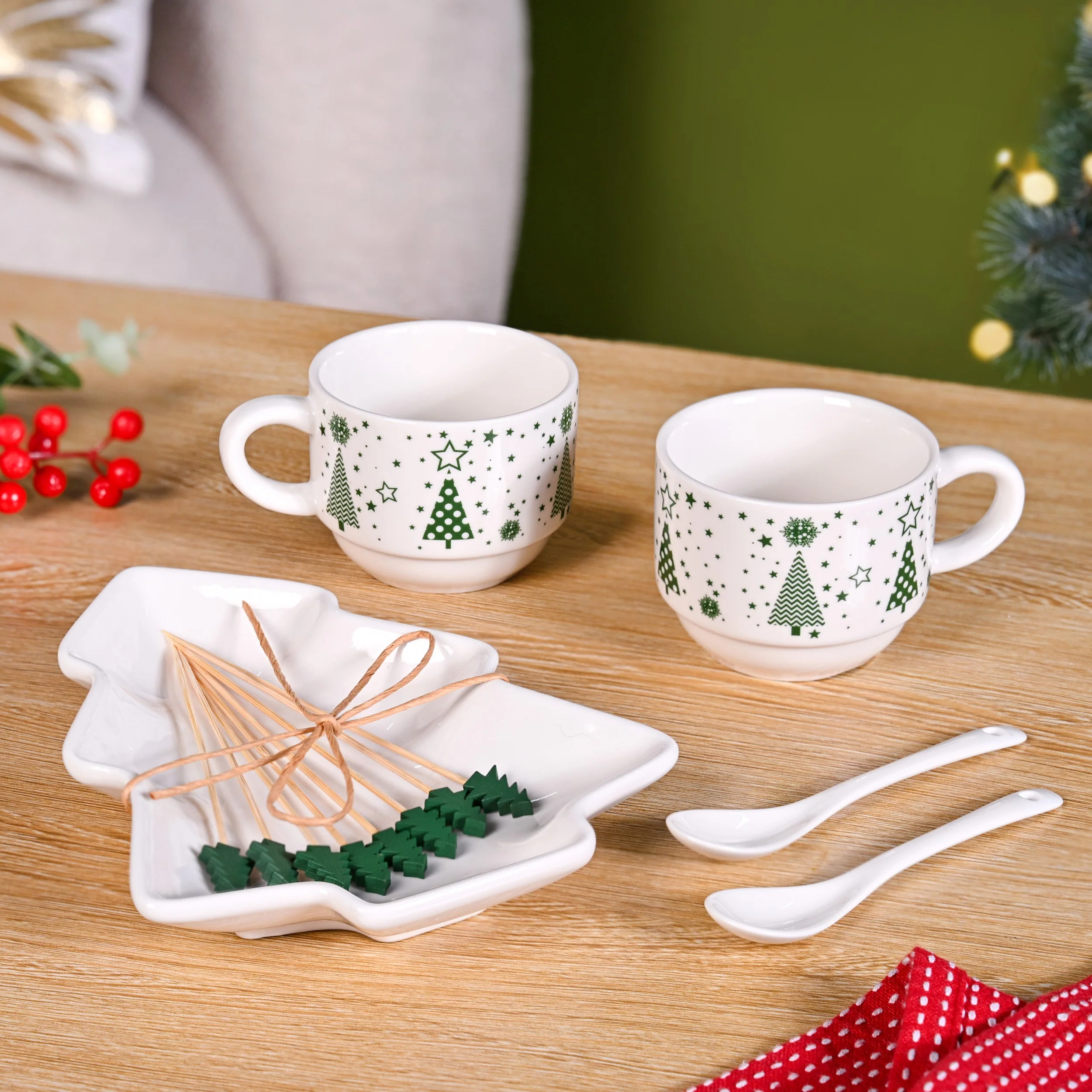 Christmas Cups Spoon Tree Platter Picks Gift Set - Image 2