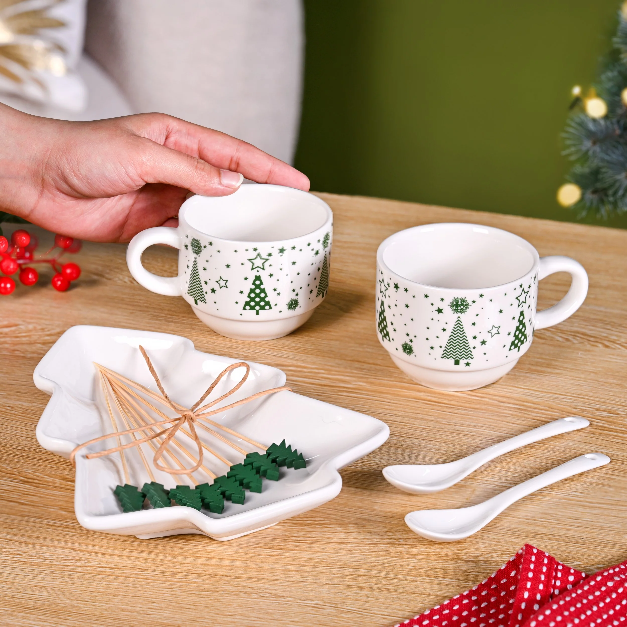 Christmas Cups Spoon Tree Platter Picks Gift Set - Image 3