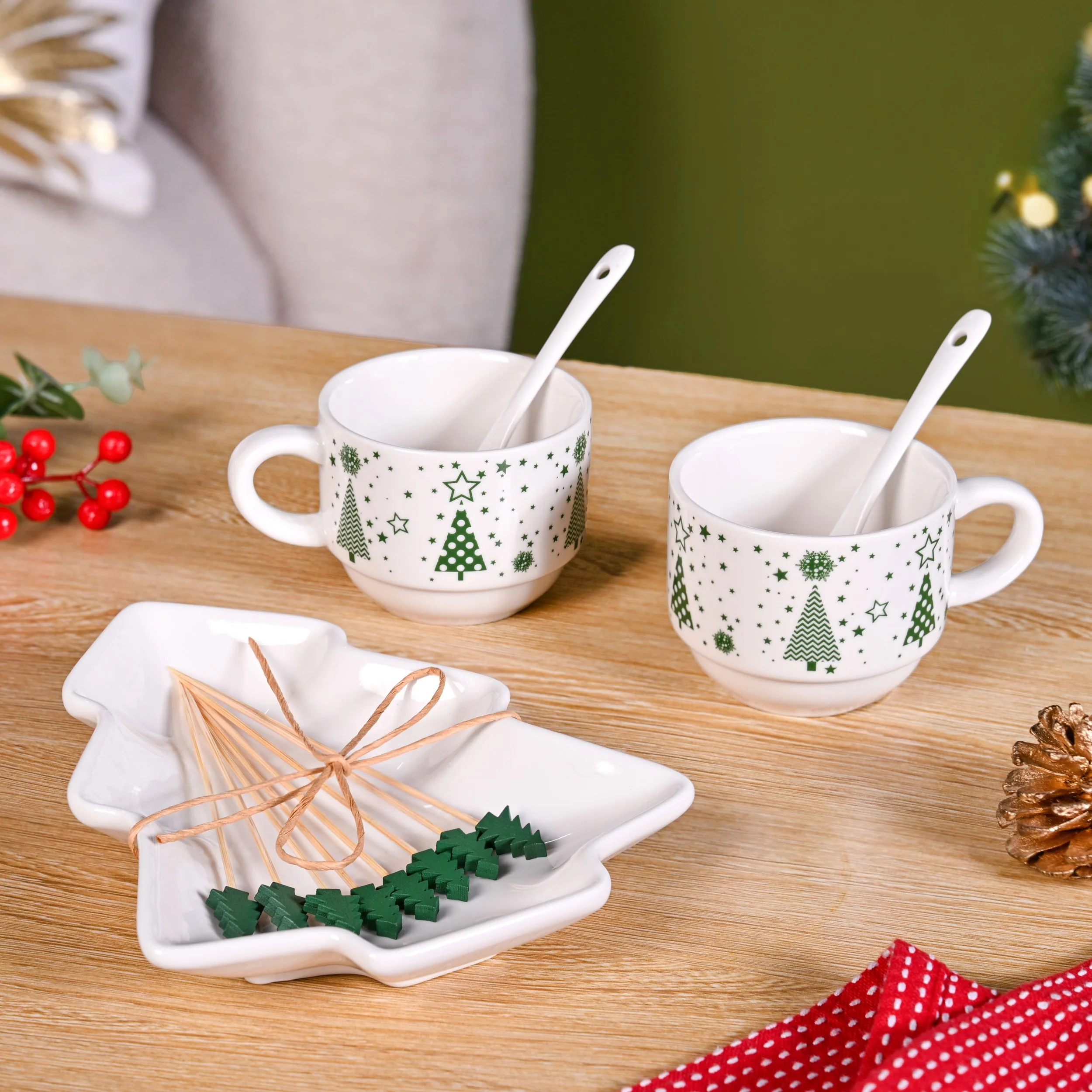 Christmas Cups Spoon Tree Platter Picks Gift Set - Image 7