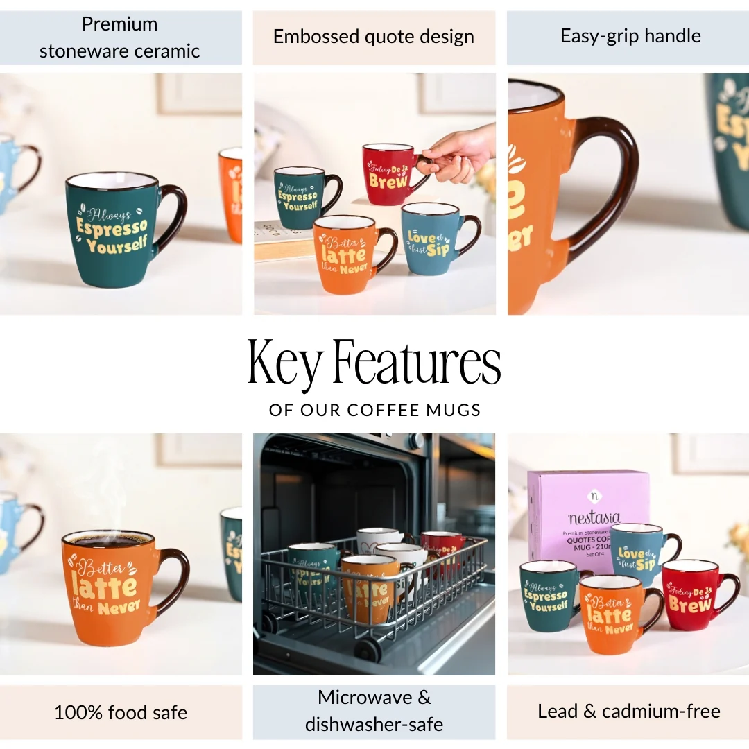 Coffee Quotes Ceramic Mug Set Of 4 210ml - Image 4