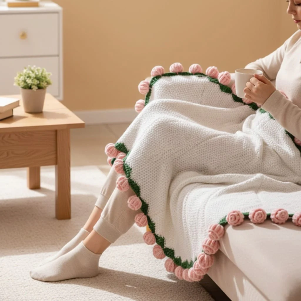Crochet Flower Bouquet Throw Pink 80cm - Image 3