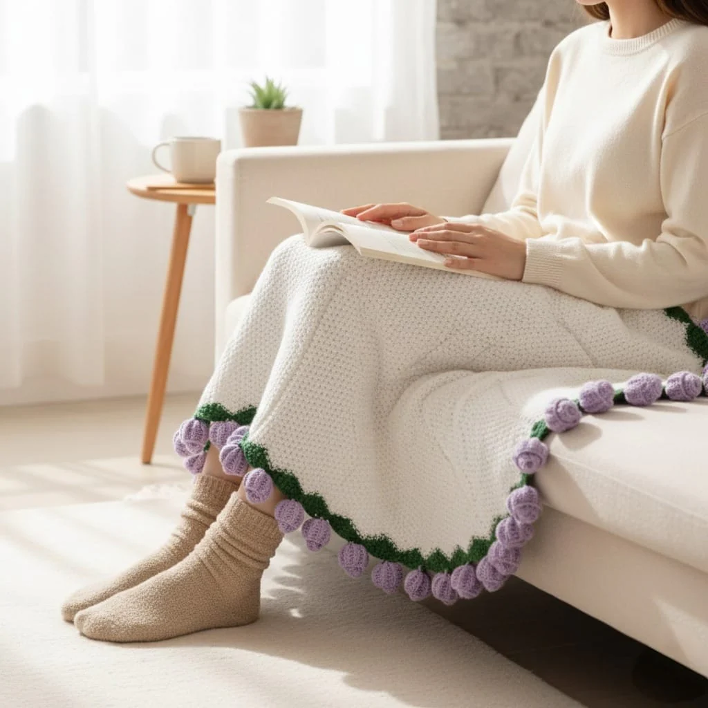Crochet Flower Bouquet Throw Purple 80cm - Image 3
