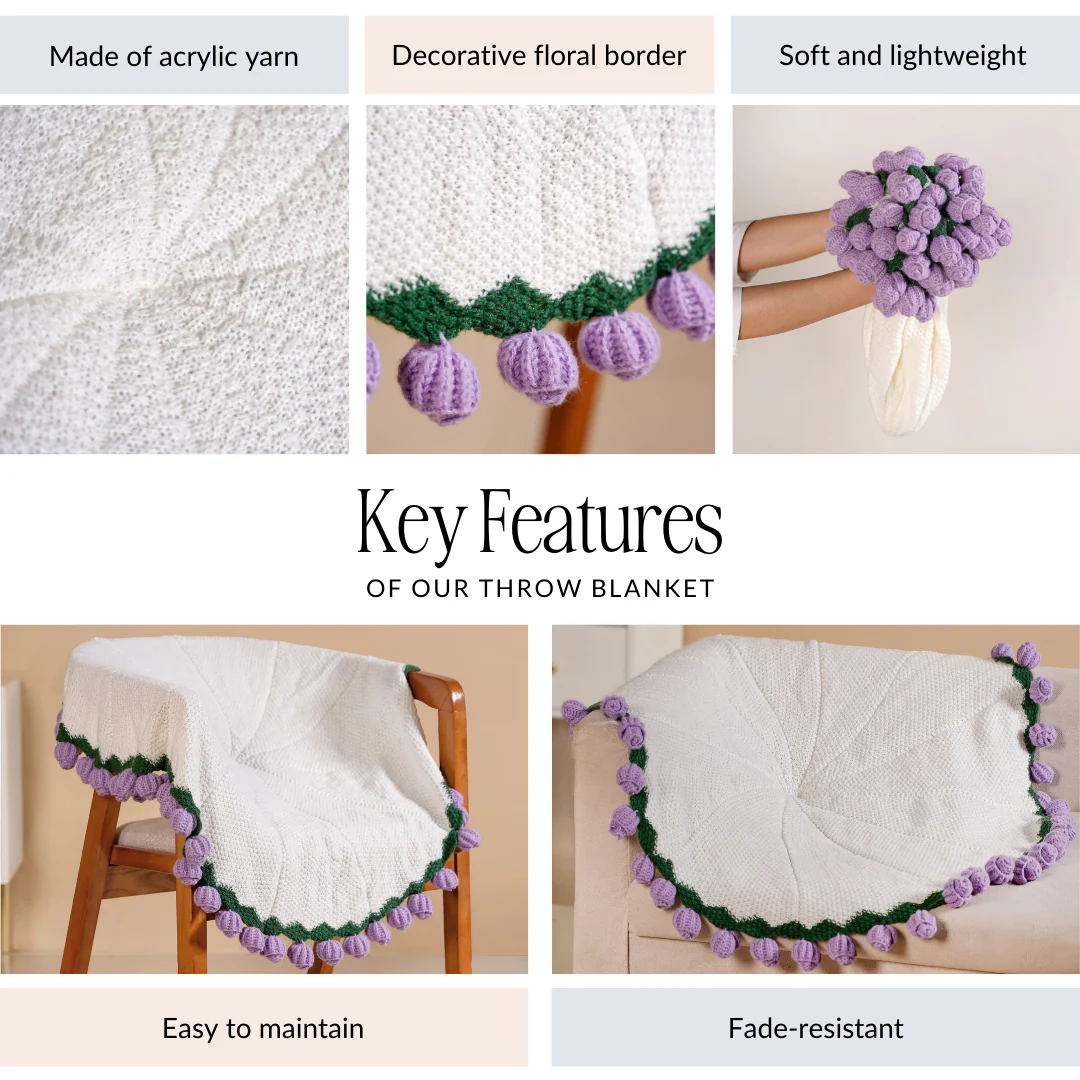 Crochet Flower Bouquet Throw Purple 80cm - Image 5