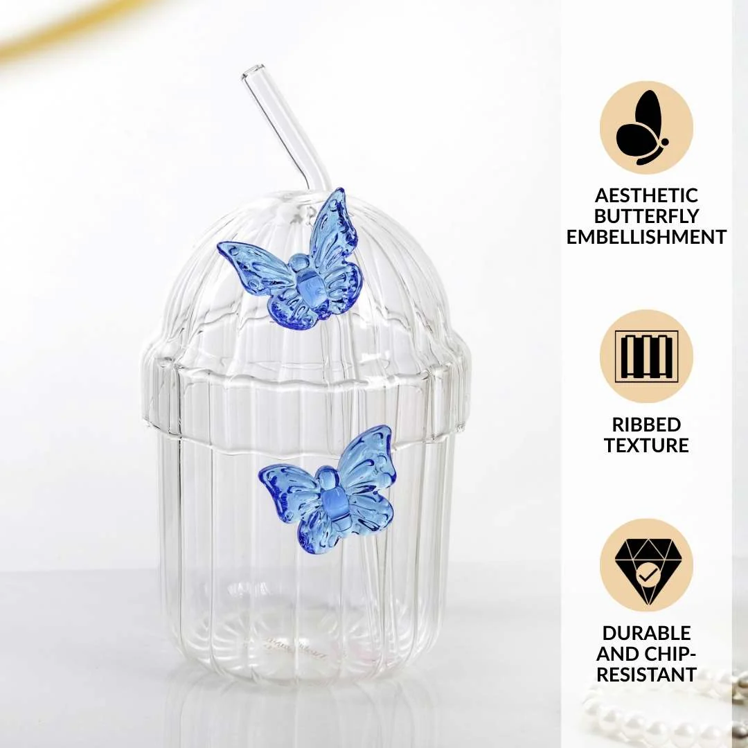 Crystal Fairy Core Butterfly Tumbler With Lid And Straw 450ml Set Of 2 Blue - Image 2