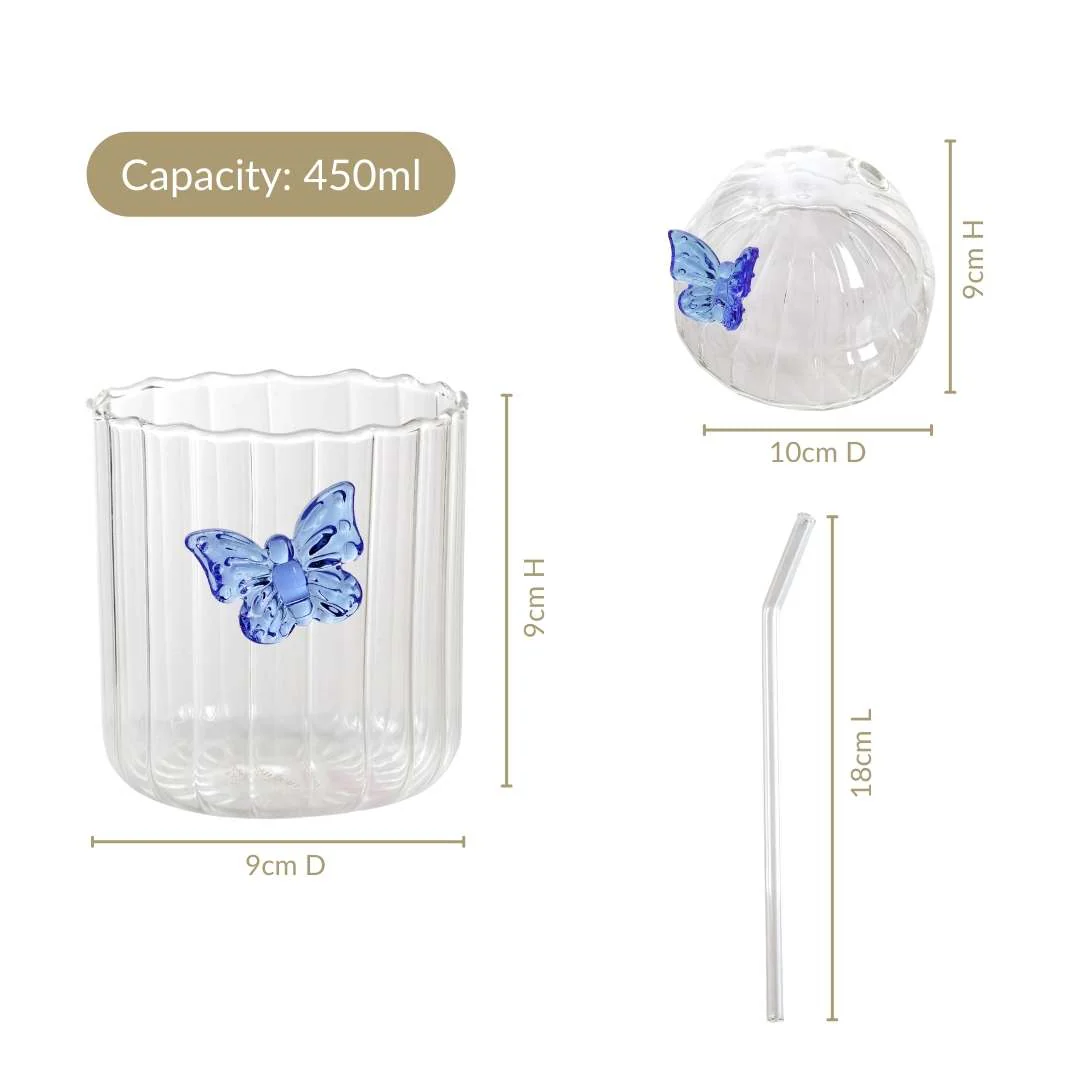 Crystal Fairy Core Butterfly Tumbler With Lid And Straw 450ml Set Of 2 Blue - Image 4