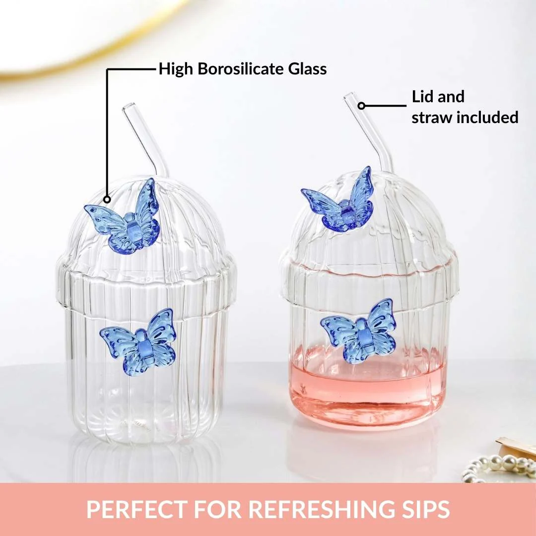 Crystal Fairy Core Butterfly Tumbler With Lid And Straw 450ml Set Of 2 Blue - Image 5