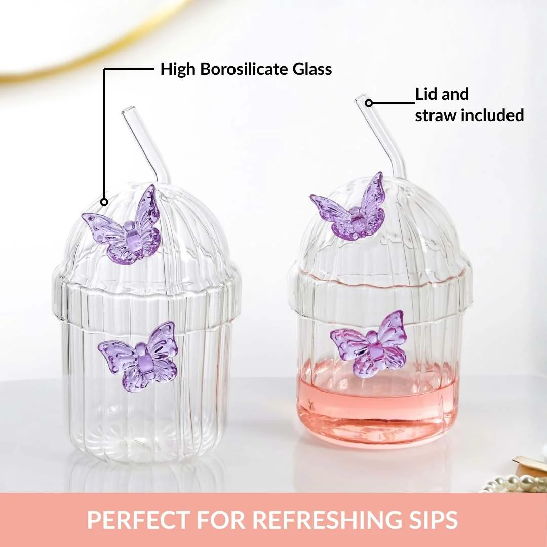 Crystal Fairy Core Butterfly Tumbler With Lid And Straw 450ml Set Of 2 Purple - Image 5