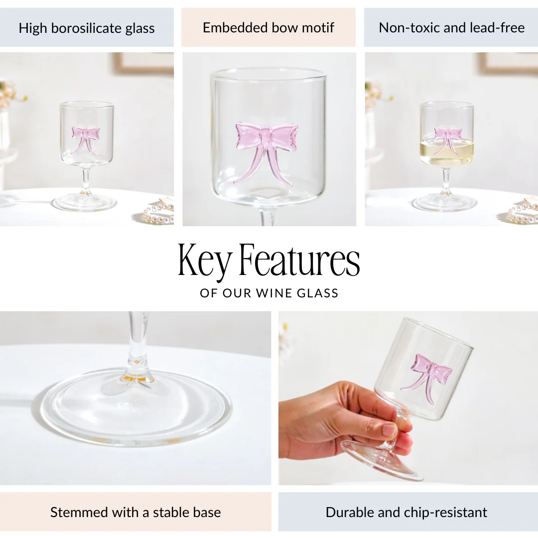 Crystal Pink Bow Borosilicate Wine Glass 250ml - Image 6