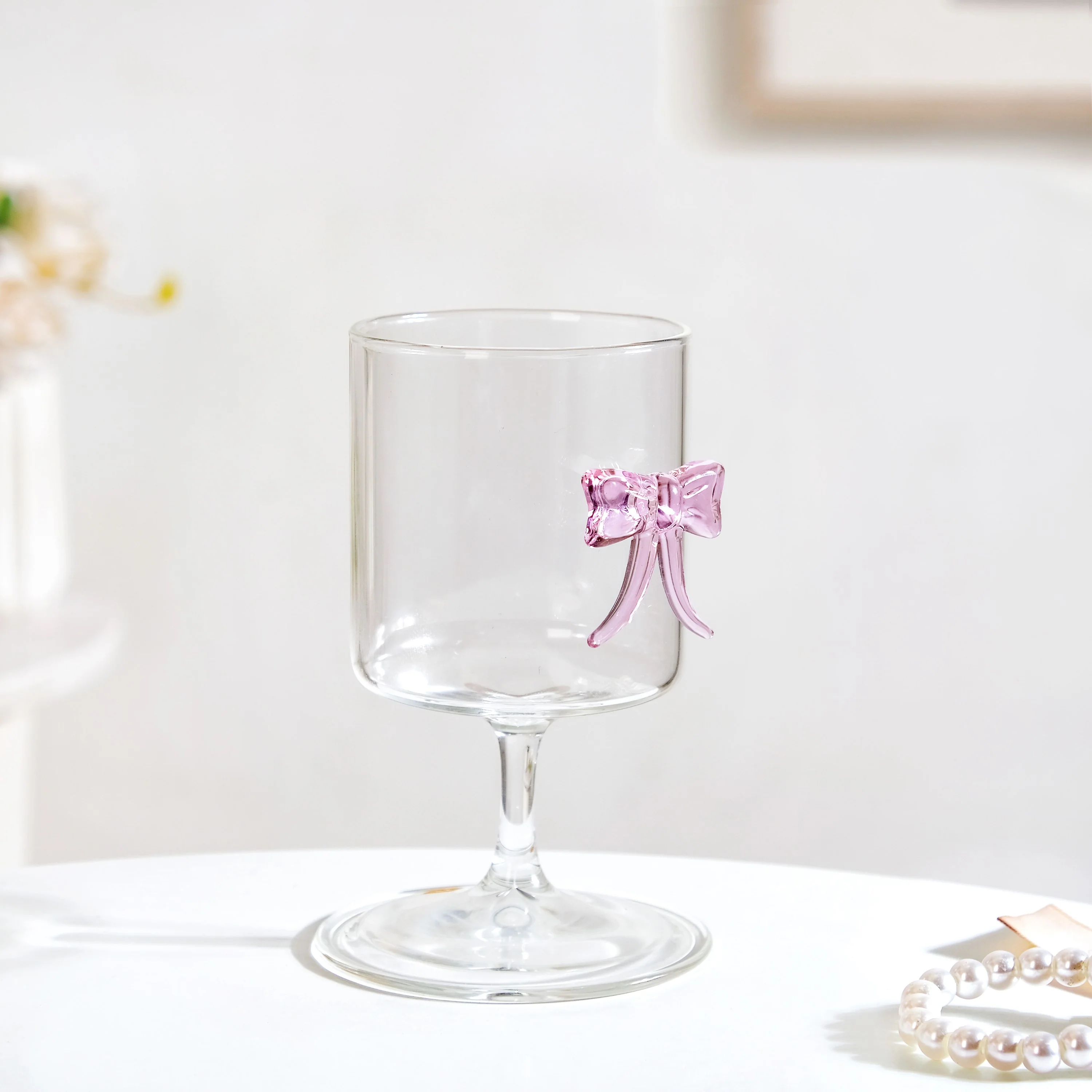 Crystal Pink Bow Borosilicate Wine Glass 250ml - Image 9