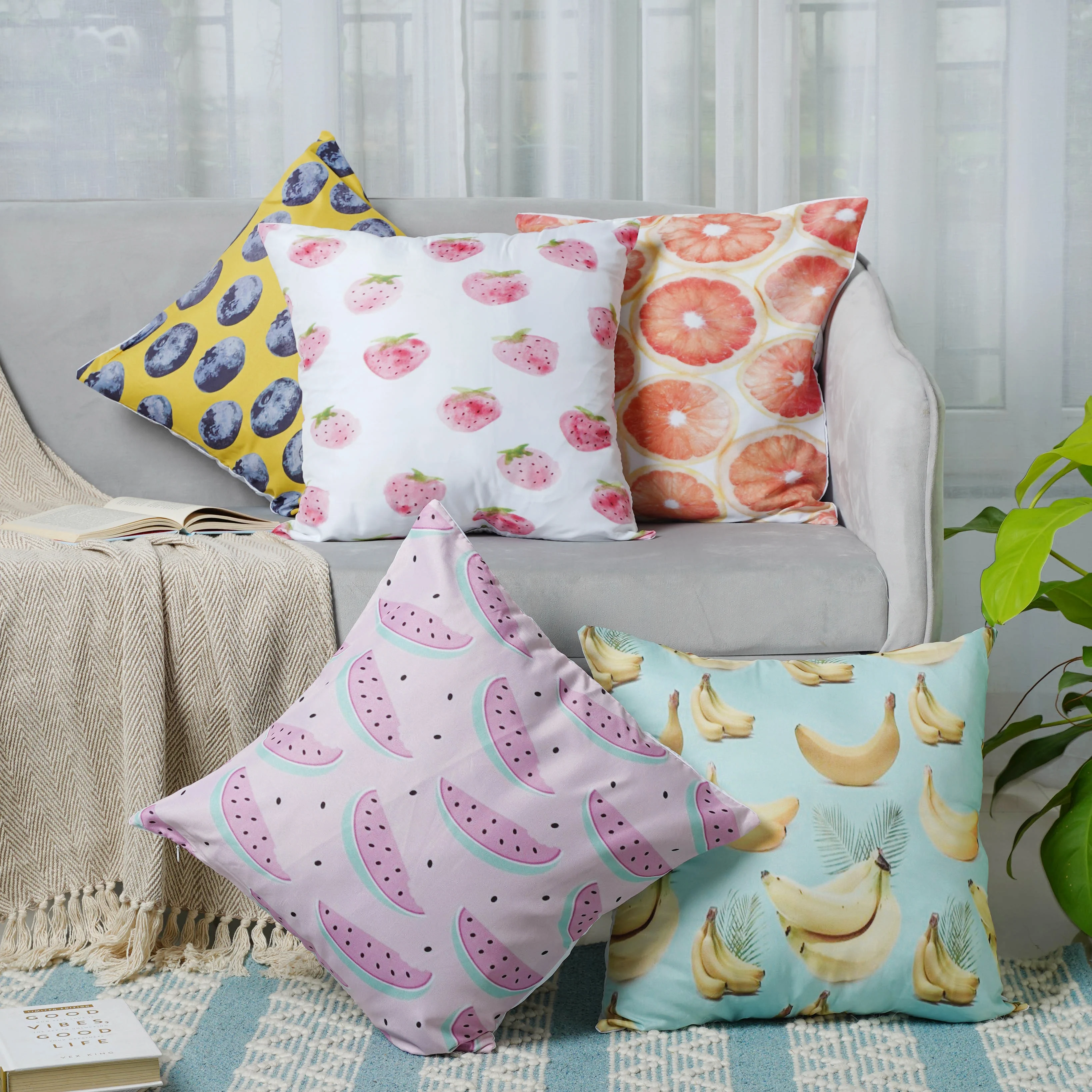 Cushion Cover Set of 5 with Fruit Prints - Image 3