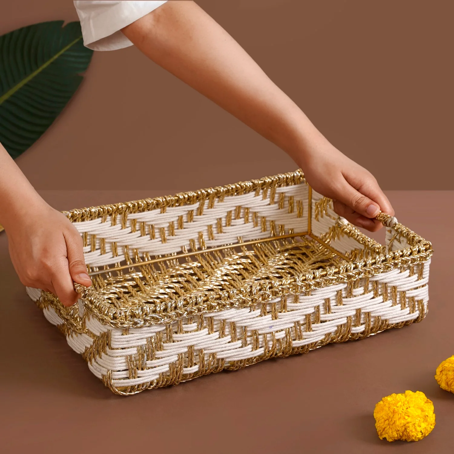 Decorative Woven Gift Hamper Basket White And Gold - Image 2