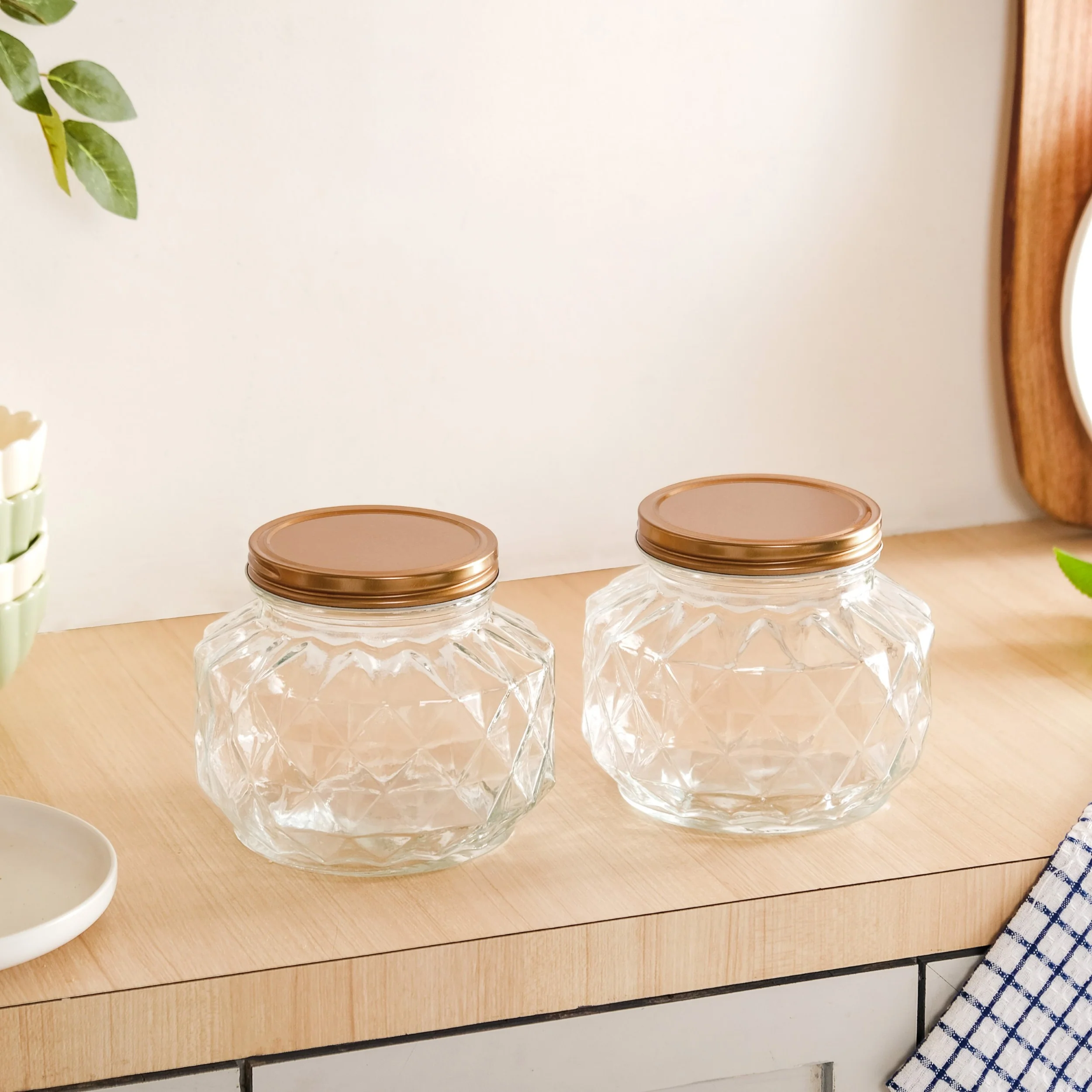 Diamond Airtight Glass Kitchen Jar Set Of 2 For Cookies Snacks 1800ml - Image 2